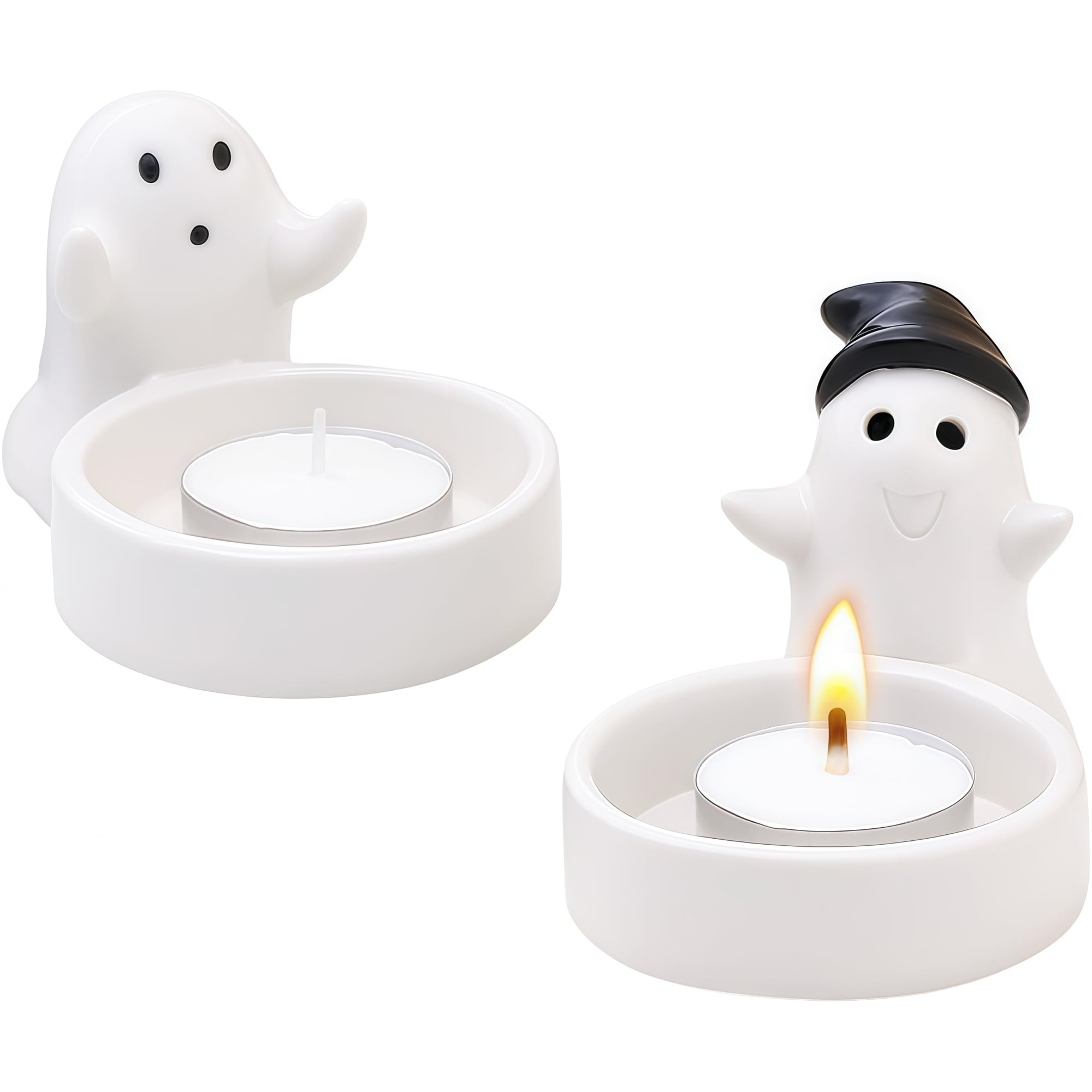 Numhew 4.33in W 2-Pack Ceramic Ghost Tealight Candle Holder White Halloween Decor
