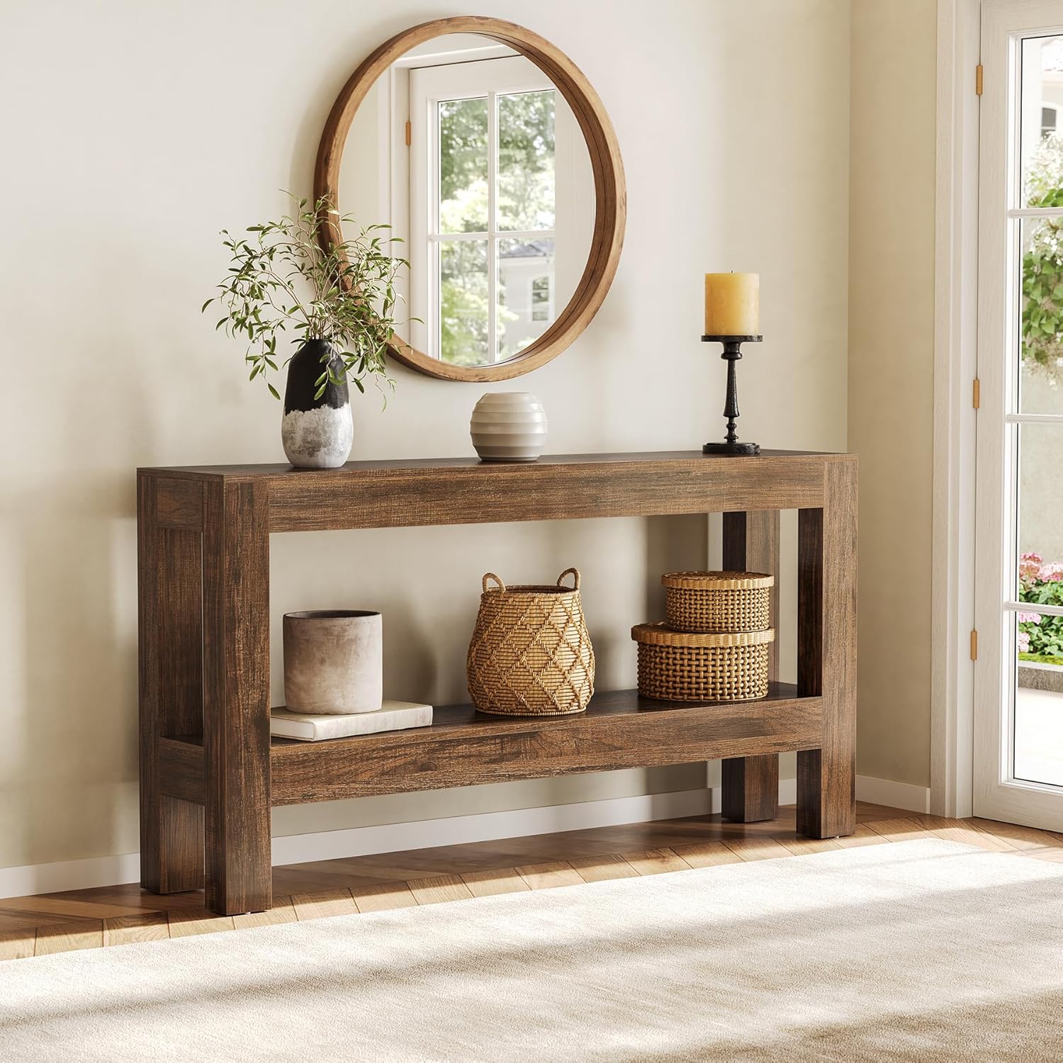 Tribesigns  63 inches Wood Entryway Table Long Farmhouse Narrow Console Table for Living Room Hallway Sofa Entry Entrance Foyer Behind Couch with 2 Tiers Shelves Brown