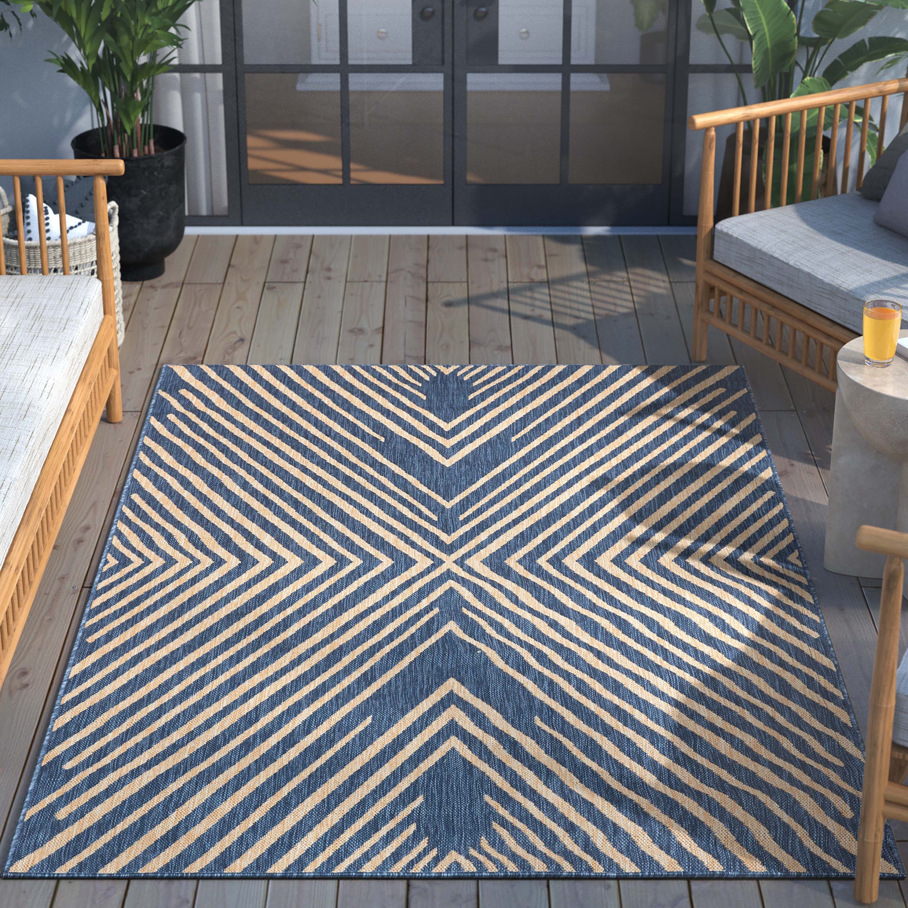 Reversible Striped Synthetic 5' x 7' Blue Outdoor Rug