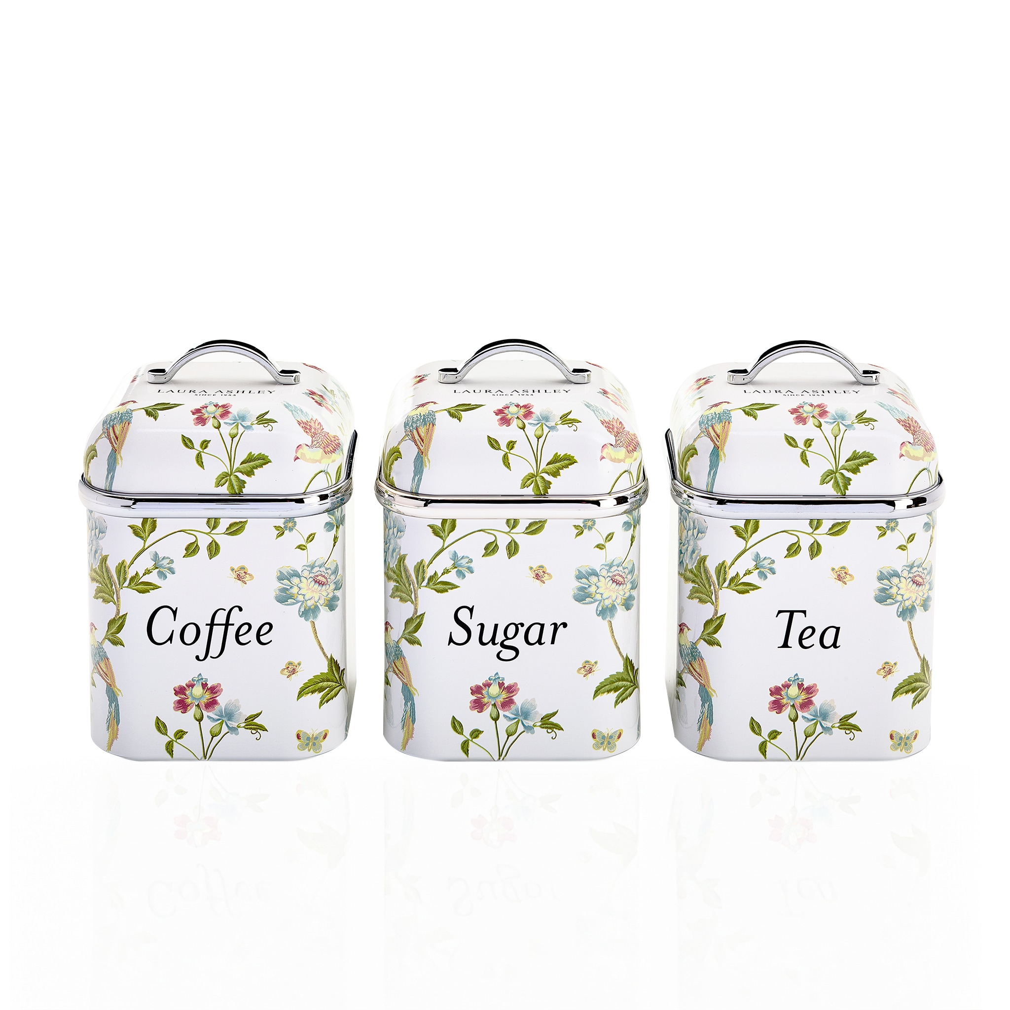 Laura Ashley Elveden White Pack of 3 Metal BPA-Free Reusable Canister Set Lids Included for Kitchen Counter Coffee Sugar and Tea Countertop Storage