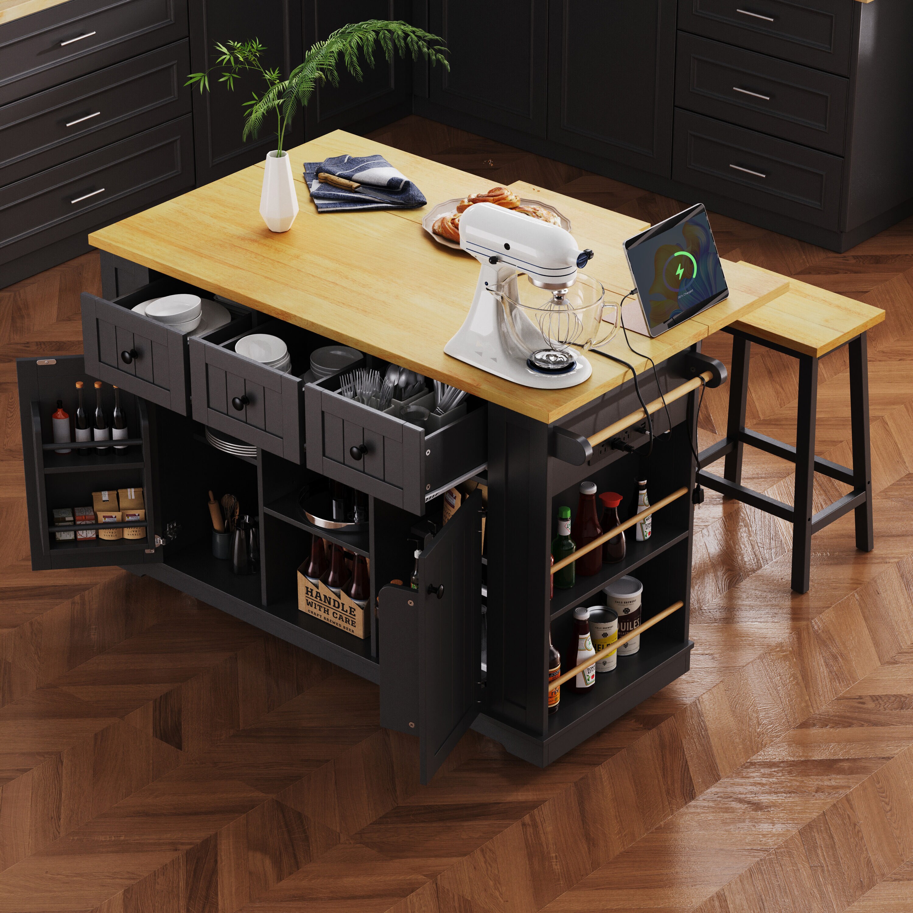 Huluwat 53-inch Large Kitchen Island with Drop Leaf Power Outlet Door Internal Storage Rack Rolling Kitchen Cart on 5 Wheels with 5 Open Side Racks for Kitchen Dining Room Black Not include bar stools