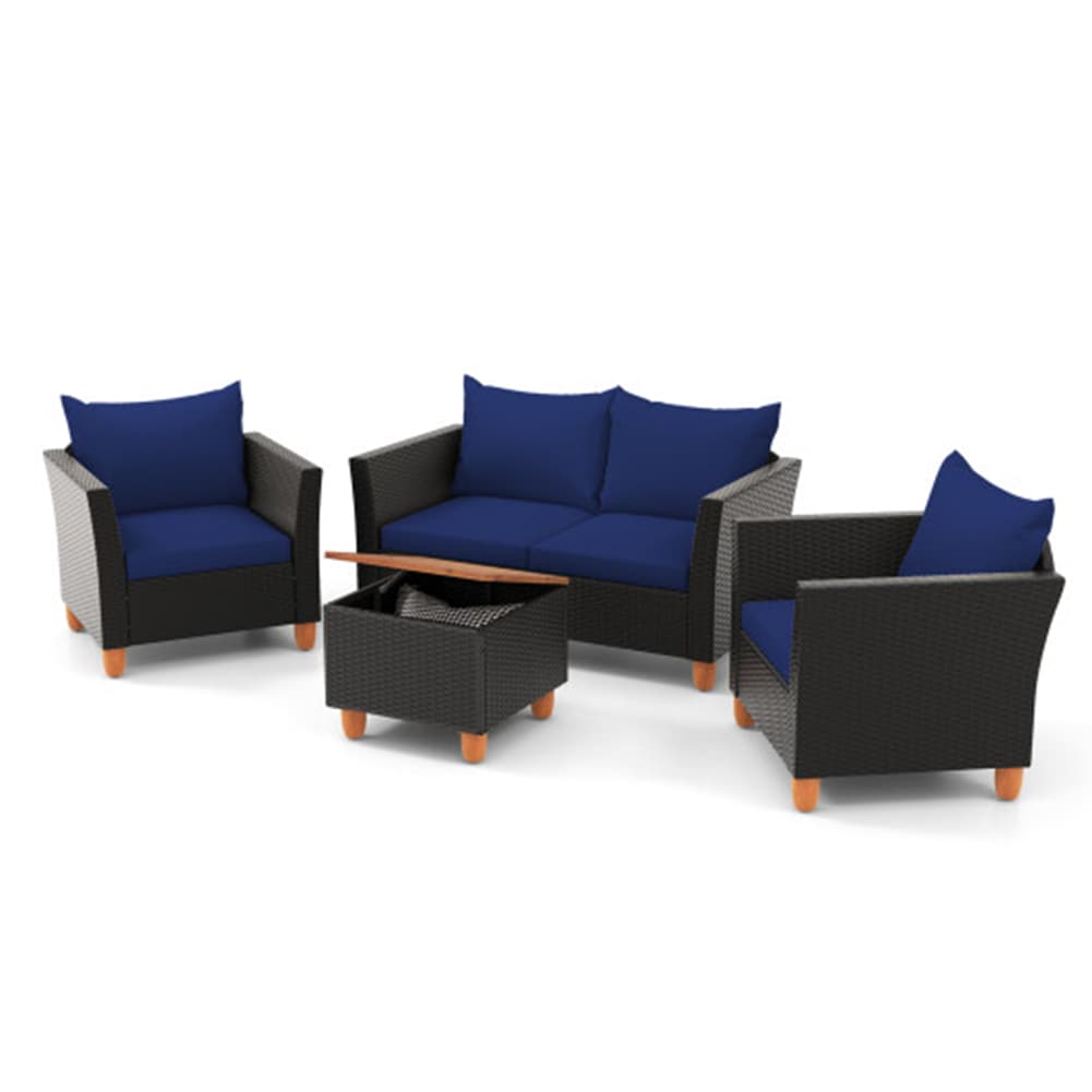 LIVIZA OUJ72334NY-X 4 -Piece Rattan Patio Conversation Set with Blue Cushions