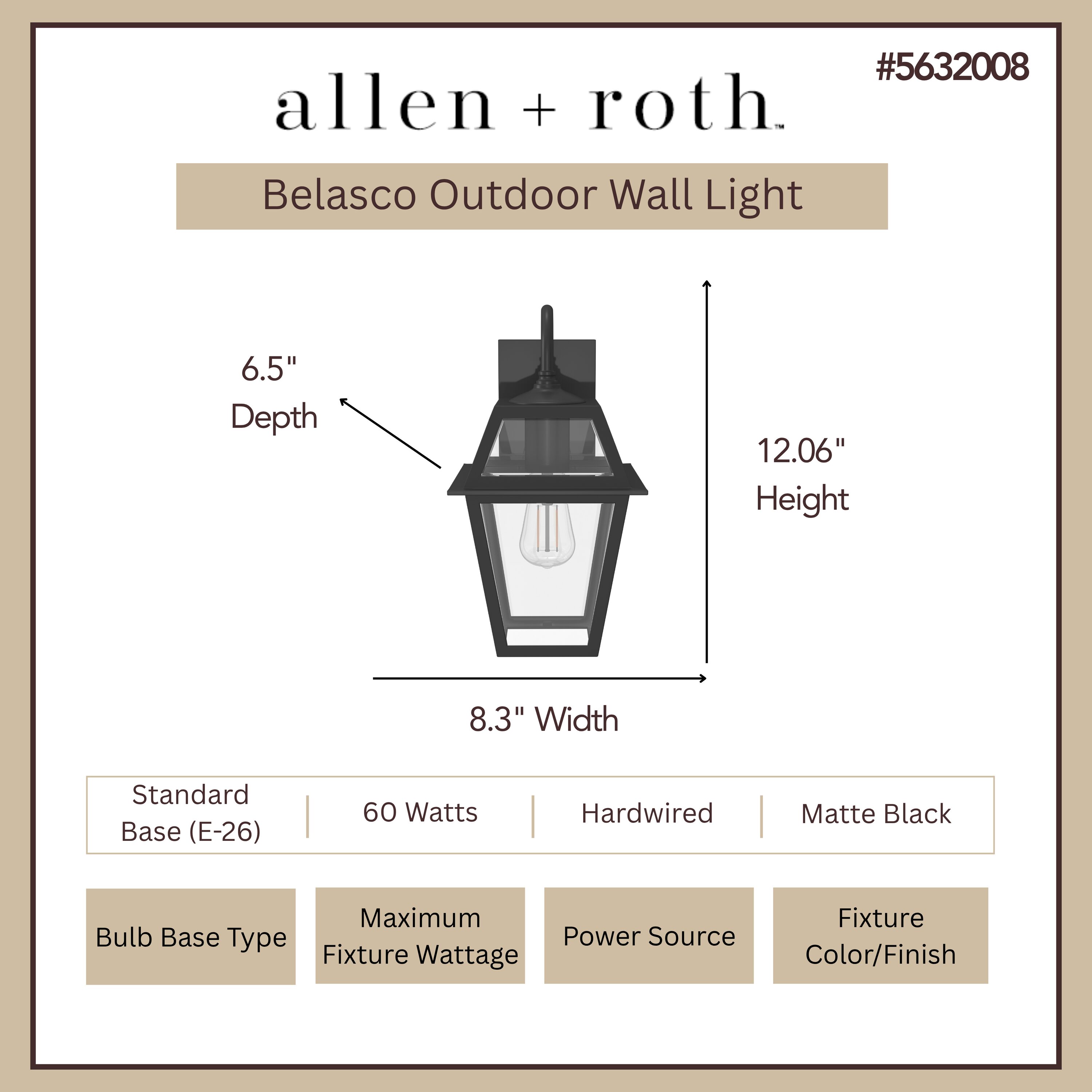 allen + roth Belasco 1-Light 15-in H Black Led, Outdoor Wall Light