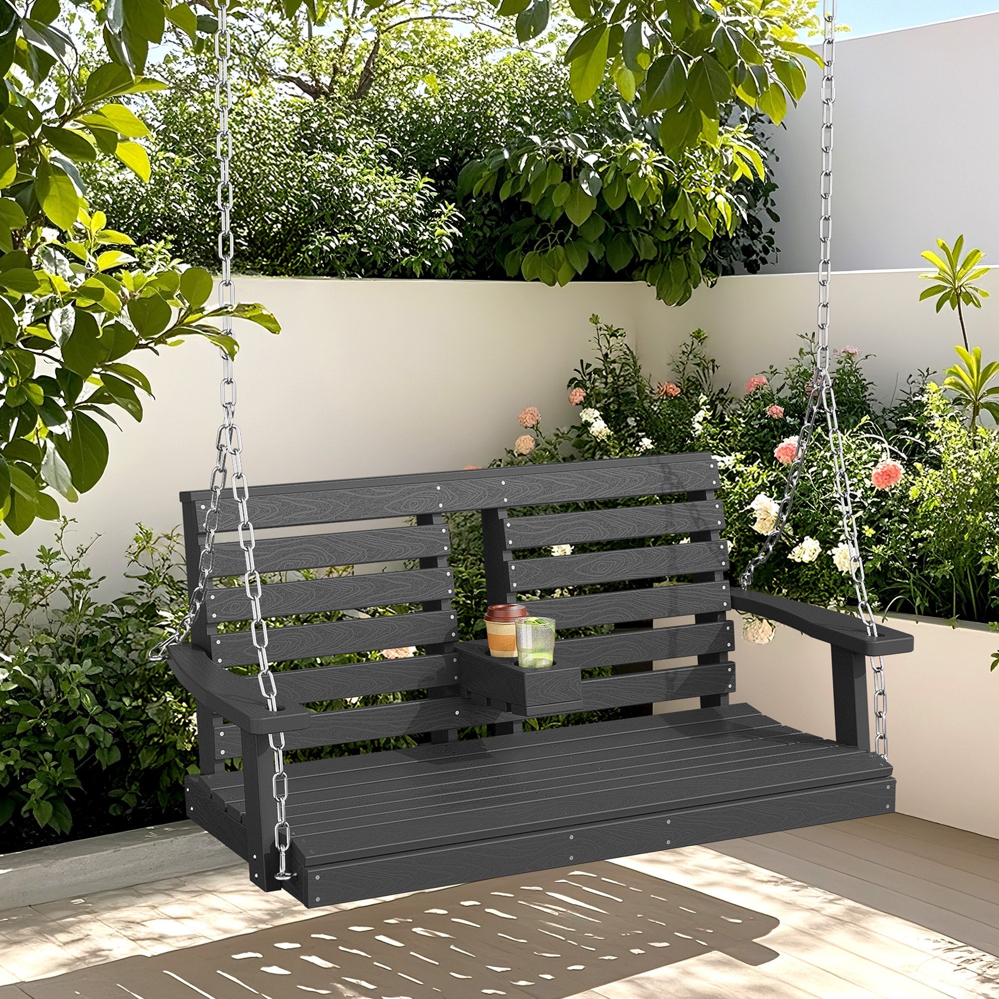 JEAREY PEKDY-GRAY Porch Swing Chair With Chains 2 -person Gray HDPE Outdoor Swing