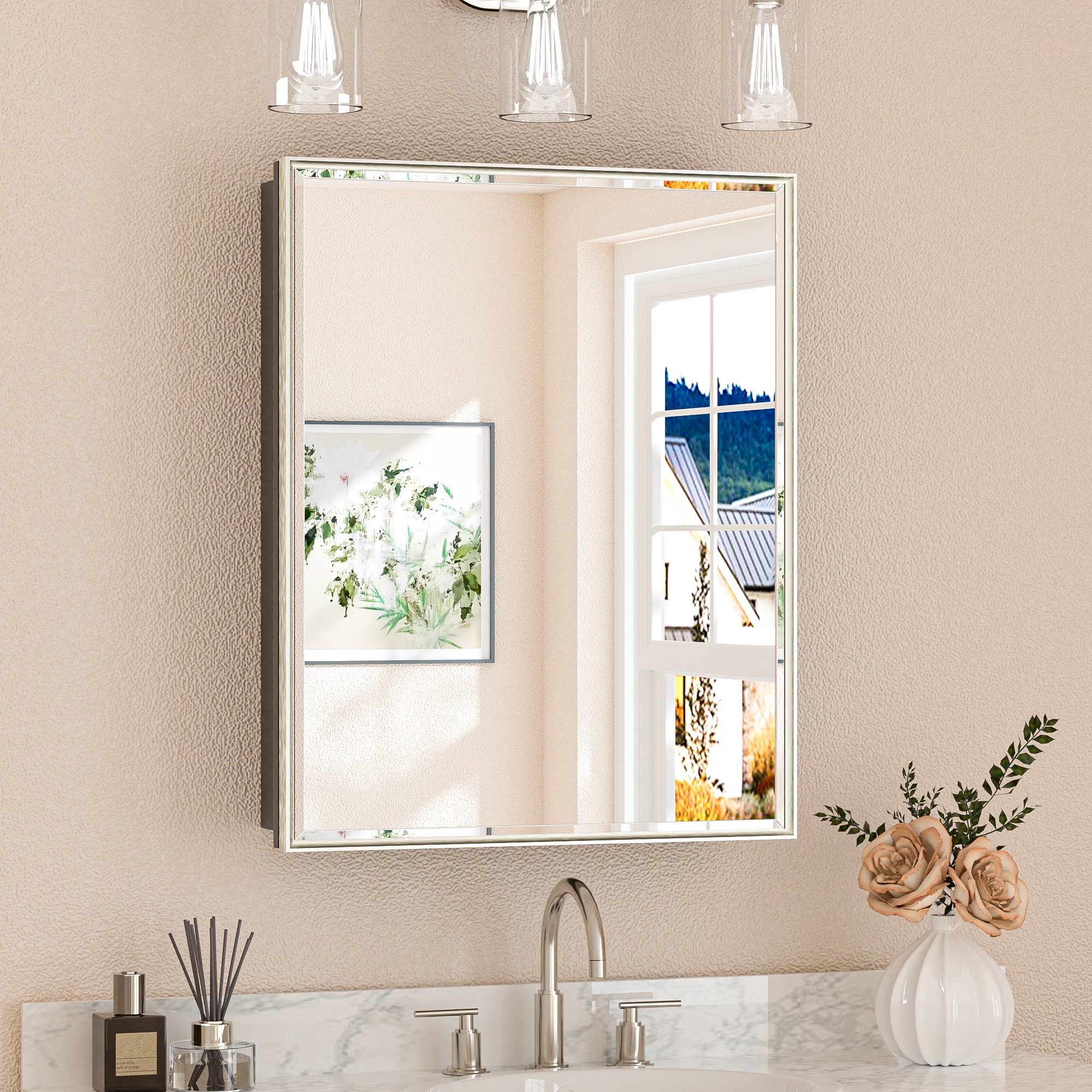TETOTE 24x30 Brushed Nickel Medicine Cabinets Mirrors Surface/Recessed Mount Mirrored Rectangle Soft Close Medicine Cabinets