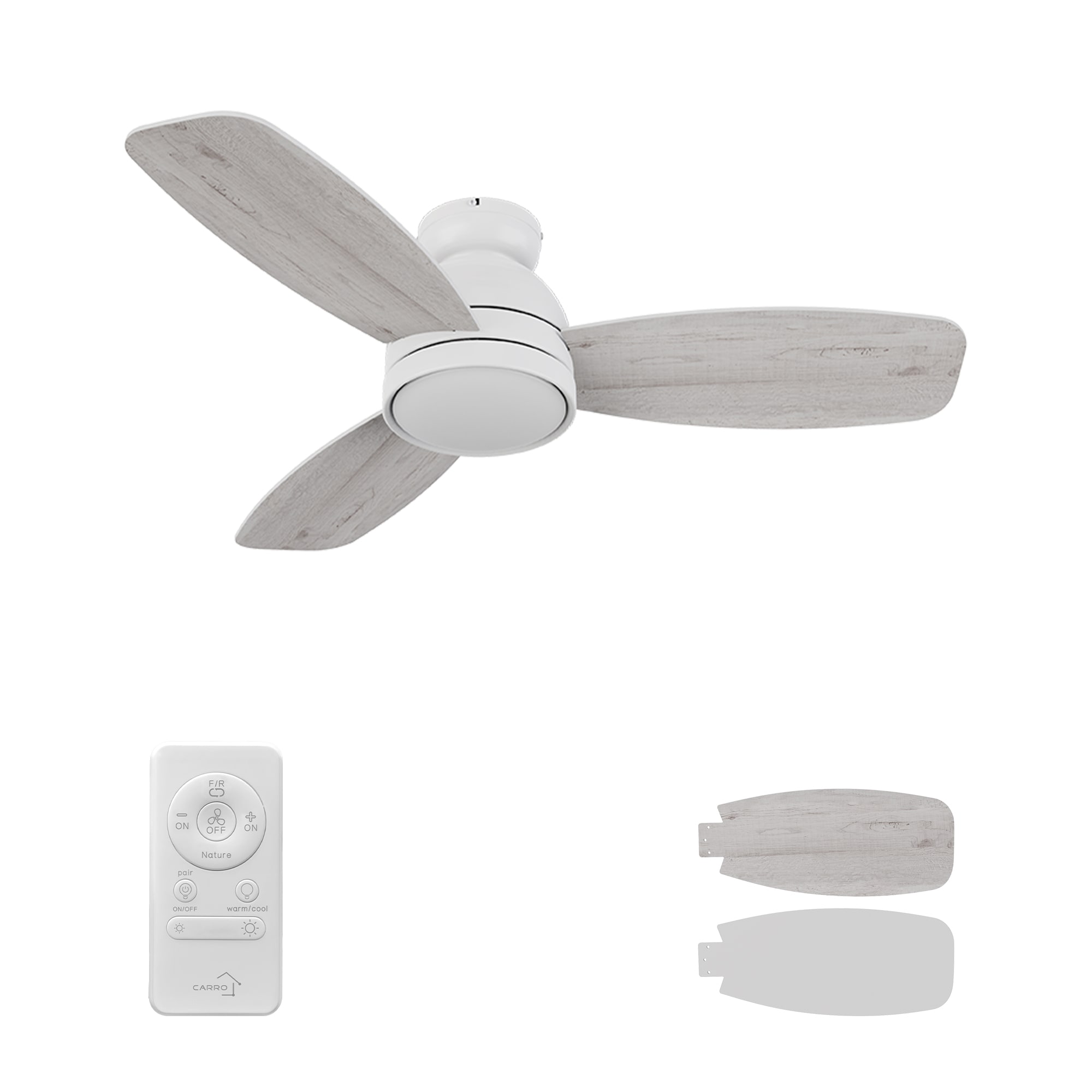 CARRO USA LCFR443Q5-L11-WP-FM Thibault 44-in Integrated LED Flush Mount White with White/Light Wooden Pattern Blades Ceiling Fan With Light - Remote Included ( 3 -Blade )