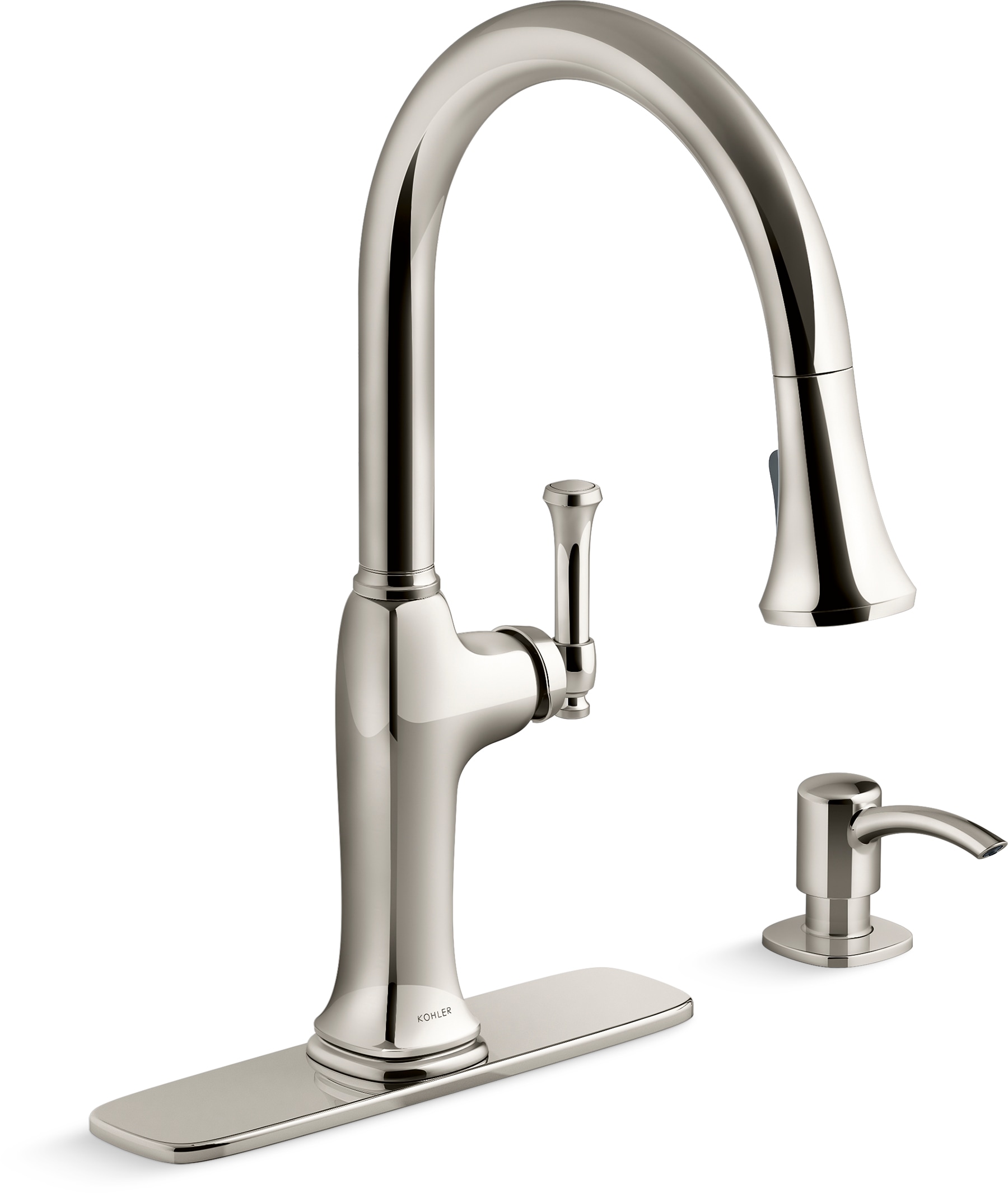 KOHLER R33393-SD-SN Kanan Polished Nickel Single Handle Deck-mount Pull-down Kitchen Faucet with Sprayer ( Deck Plate Included ) (Soap Dispenser Included)