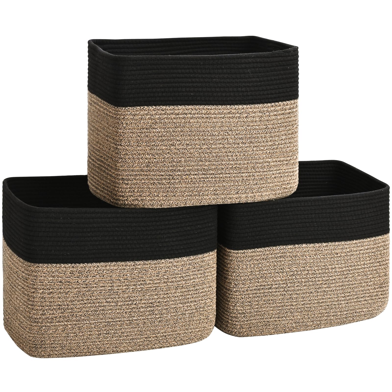 PIGFDK Black and Brown 3 Pack Cotton Rope Storage Bins Cube Organizers For Closet Shelves Home Organization