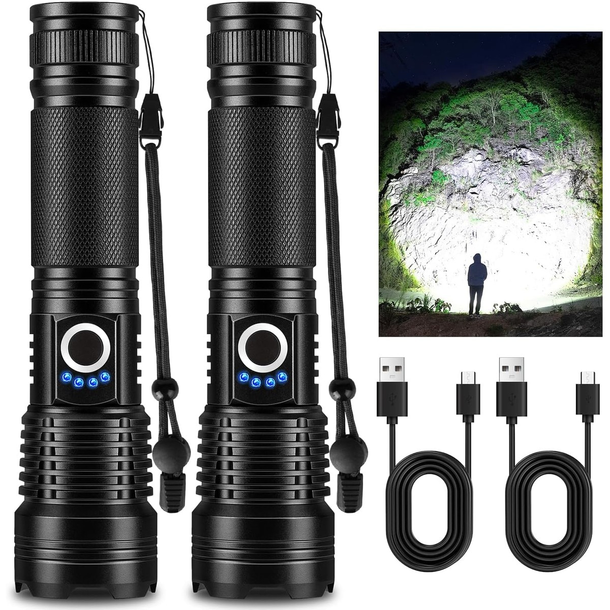 Slagawa  2 Pack Rechargeable LED Flashlight 99000 Lumens Super Bright Handheld Flashlight with 5 Modes IPX6 Waterproof for Camping Hiking Home Emergency