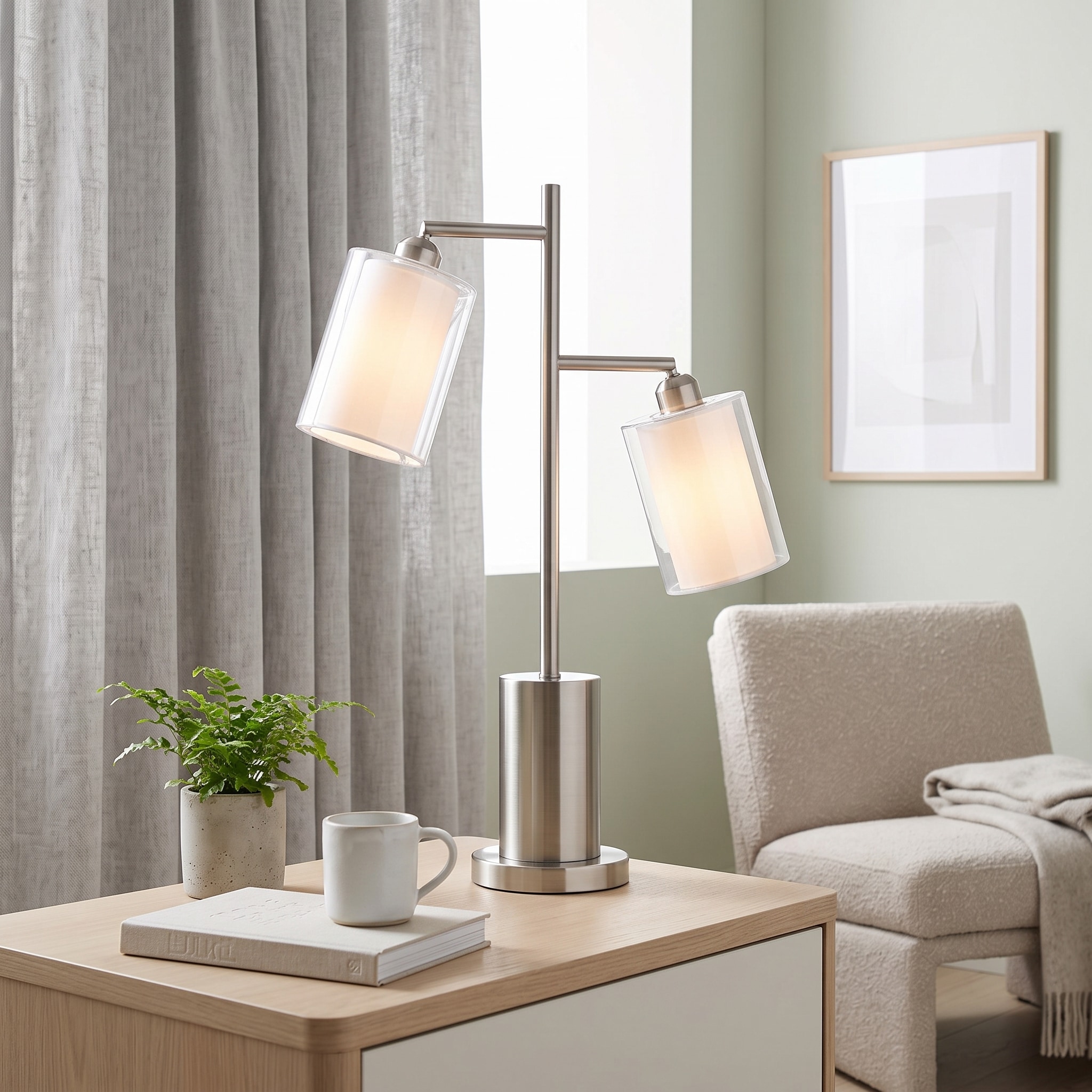 HyperDrop Cart Cannes Contemporary Nickel Metal Table Lamp with White Shades for Living Room
