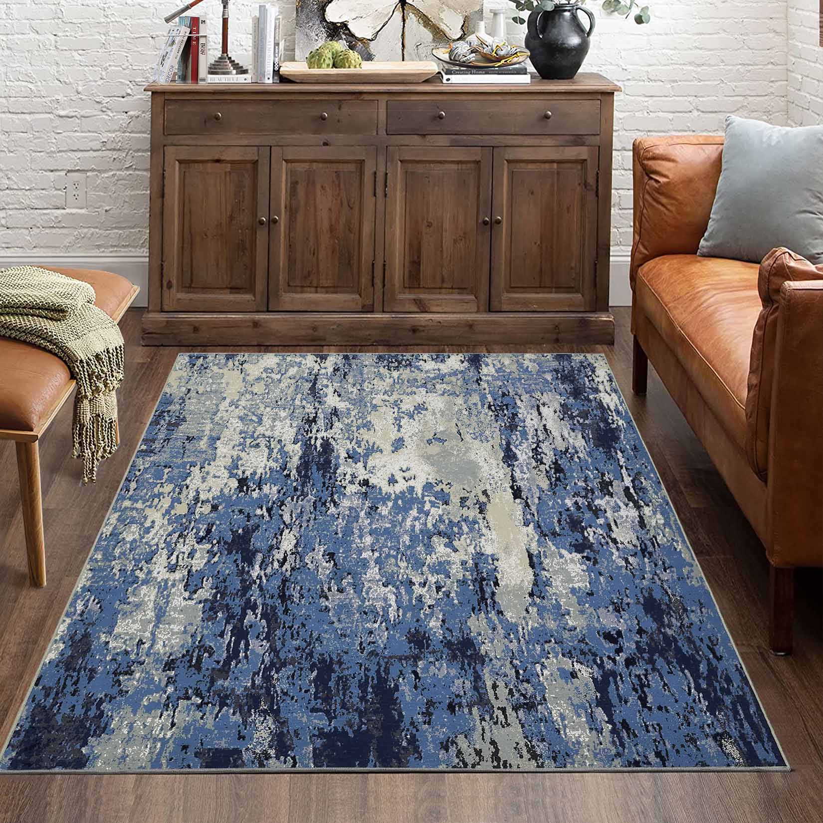 Garvee YXY-LO-PHO-12ZQBYHS 5 x 7 (ft) Loomed Blue Rectangular Indoor Abstract Mid-Century Modern Machine washable Pet Friendly Area rug