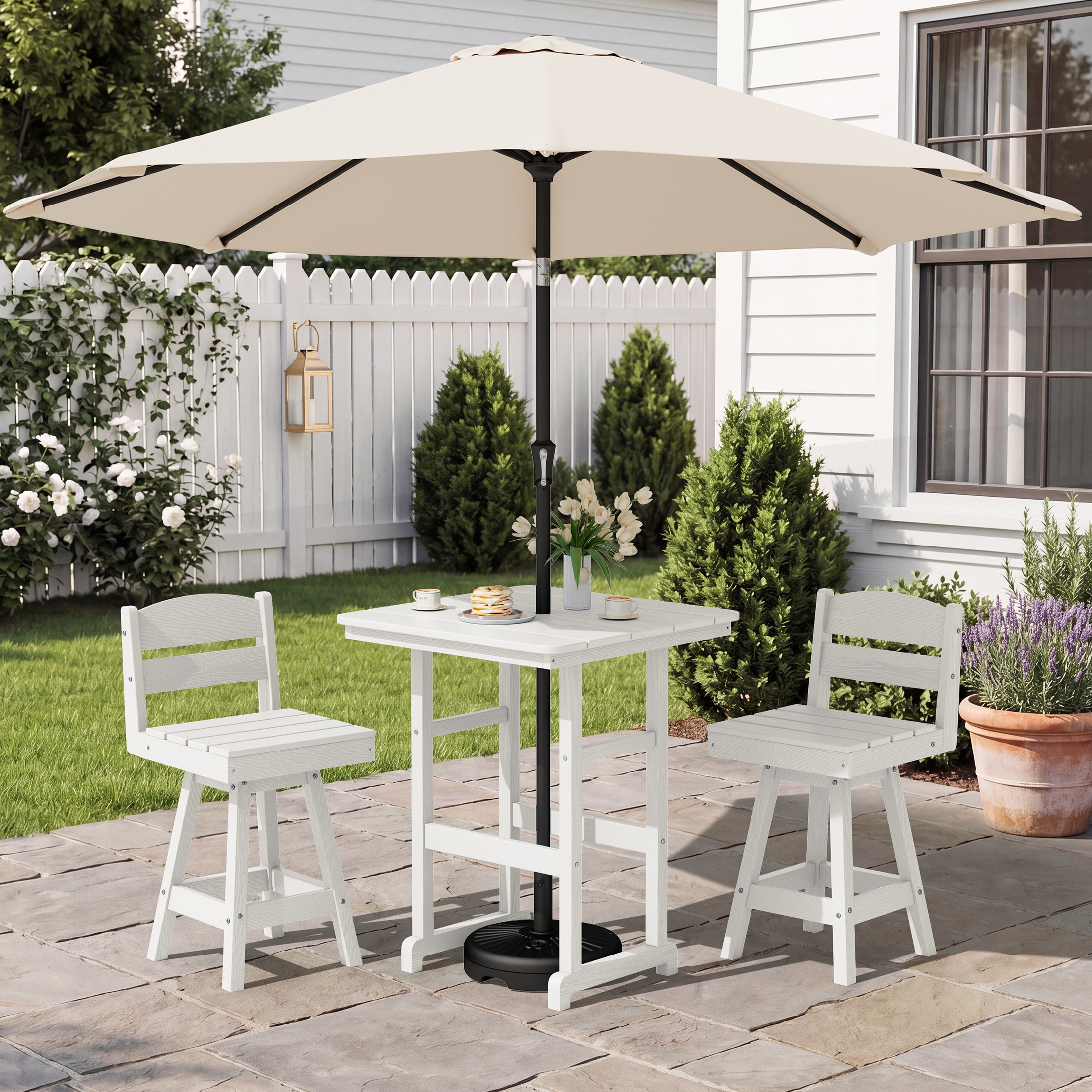 JEAREY XJG3JT-LR 3-Piece Patio Counter Height Dining Set with Square Table and 2 Swivel Bar Stools 3 -Piece White Counter height HDPE Square Table with 2 Swivel Chairs