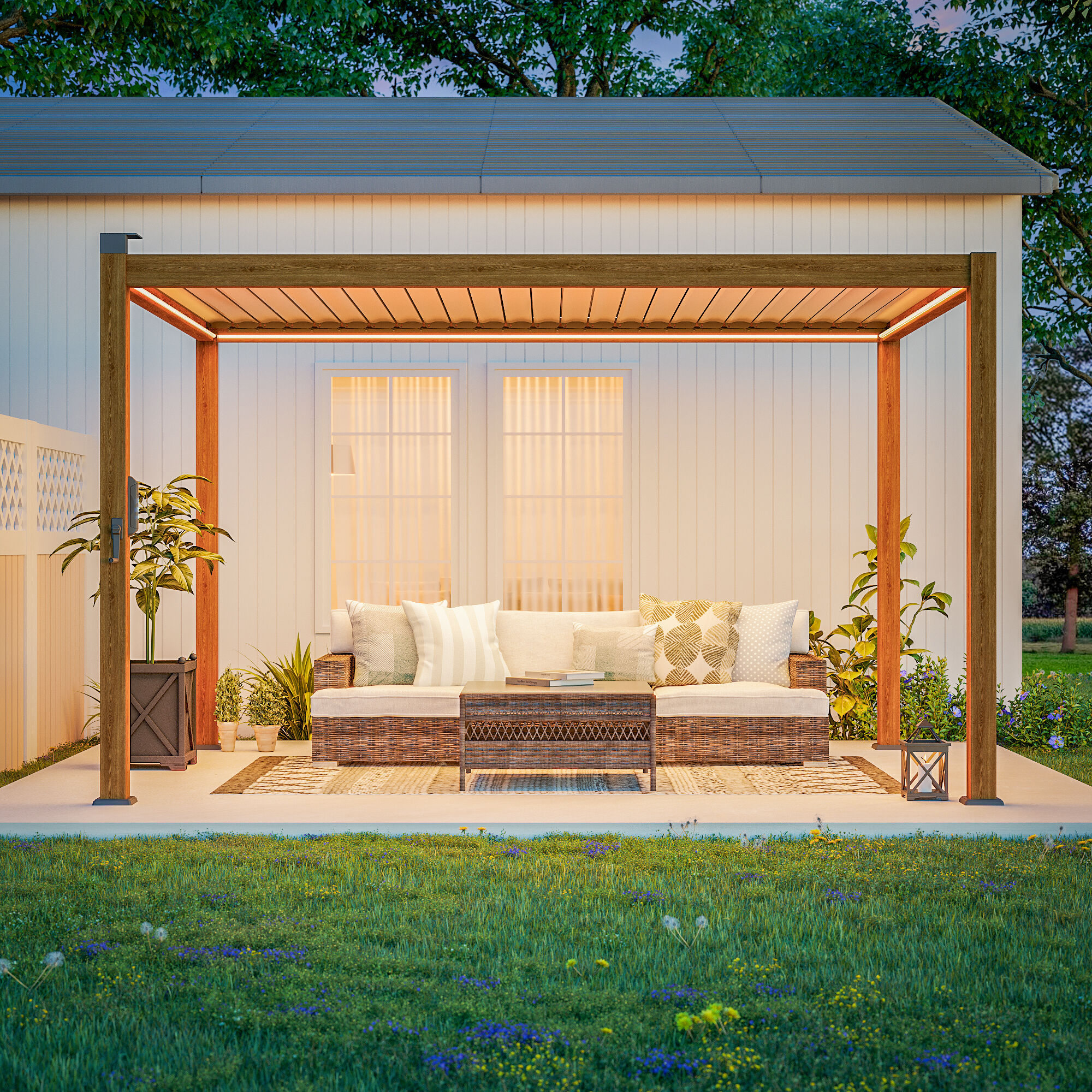 ACEGOSES LW-PLT-LED1013WD Nordica Skytop 10-ft W x 13-ft L x 7-ft 11-in H Woodgrain Metal Freestanding Pergola