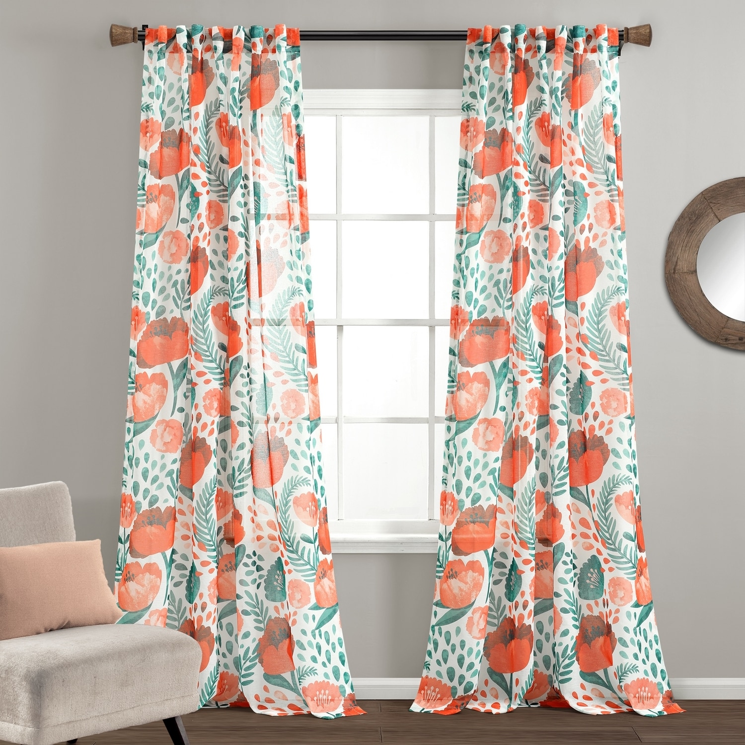 Lush Decor 16T007290 84-Inches Multi Floral Sheer Back tab Curtain panel pair