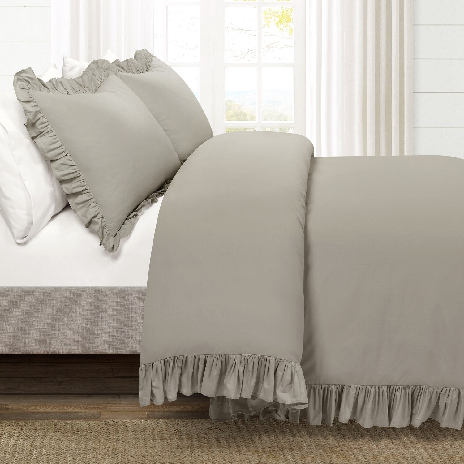 Gray Full/Queen Cotton Ruffled Duvet Cover Set