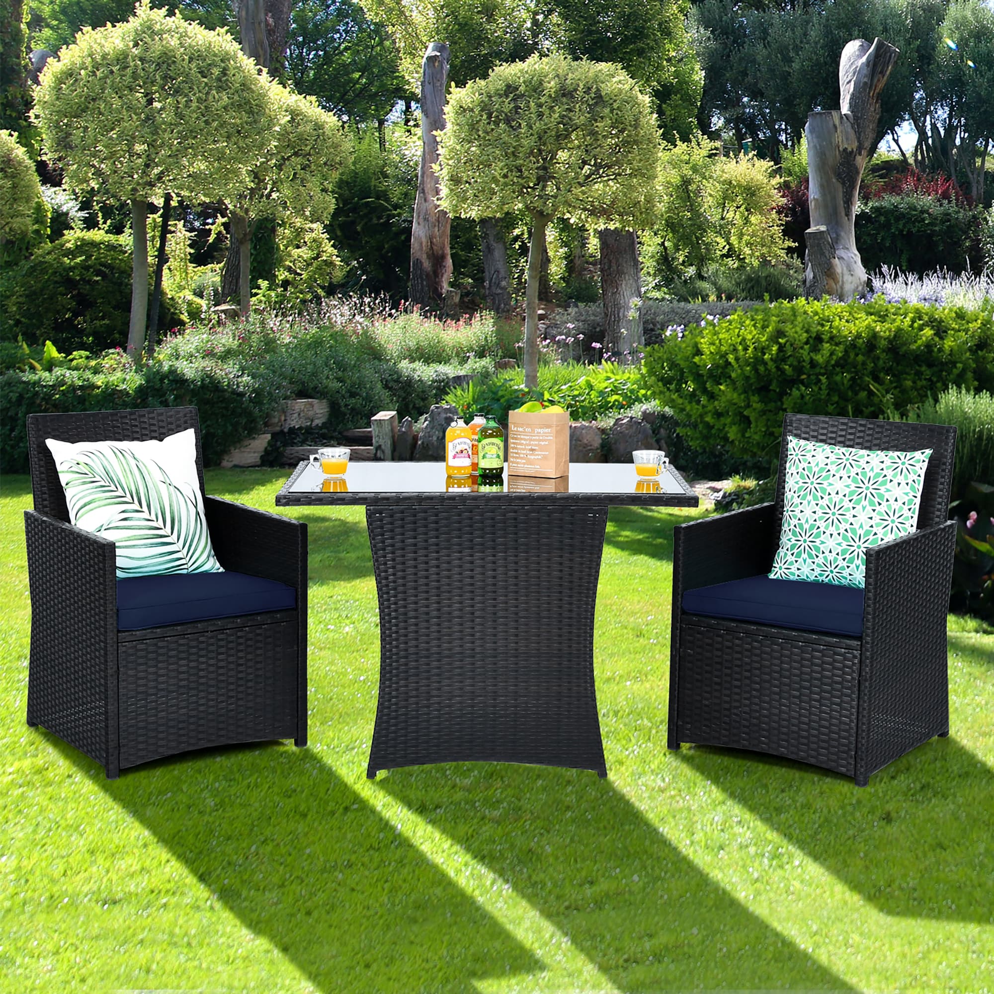 Forclover HYFW-178NY Patio Rattan Bistro Set 3 -Piece Rattan Patio Conversation Set with Blue Cushions