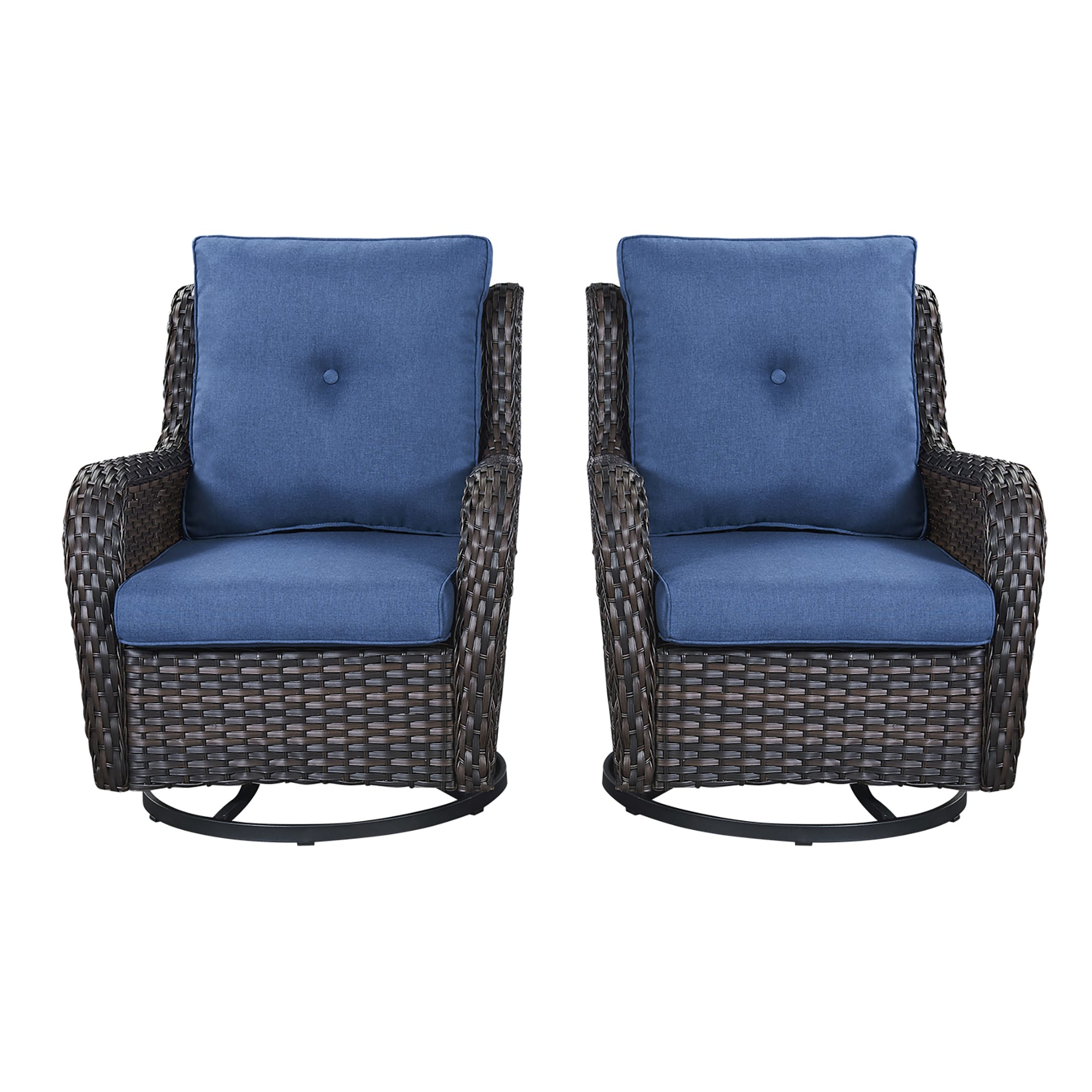 Curved Handrail Blue Cushioned Brown Wicker Swivel Glider Chair Set