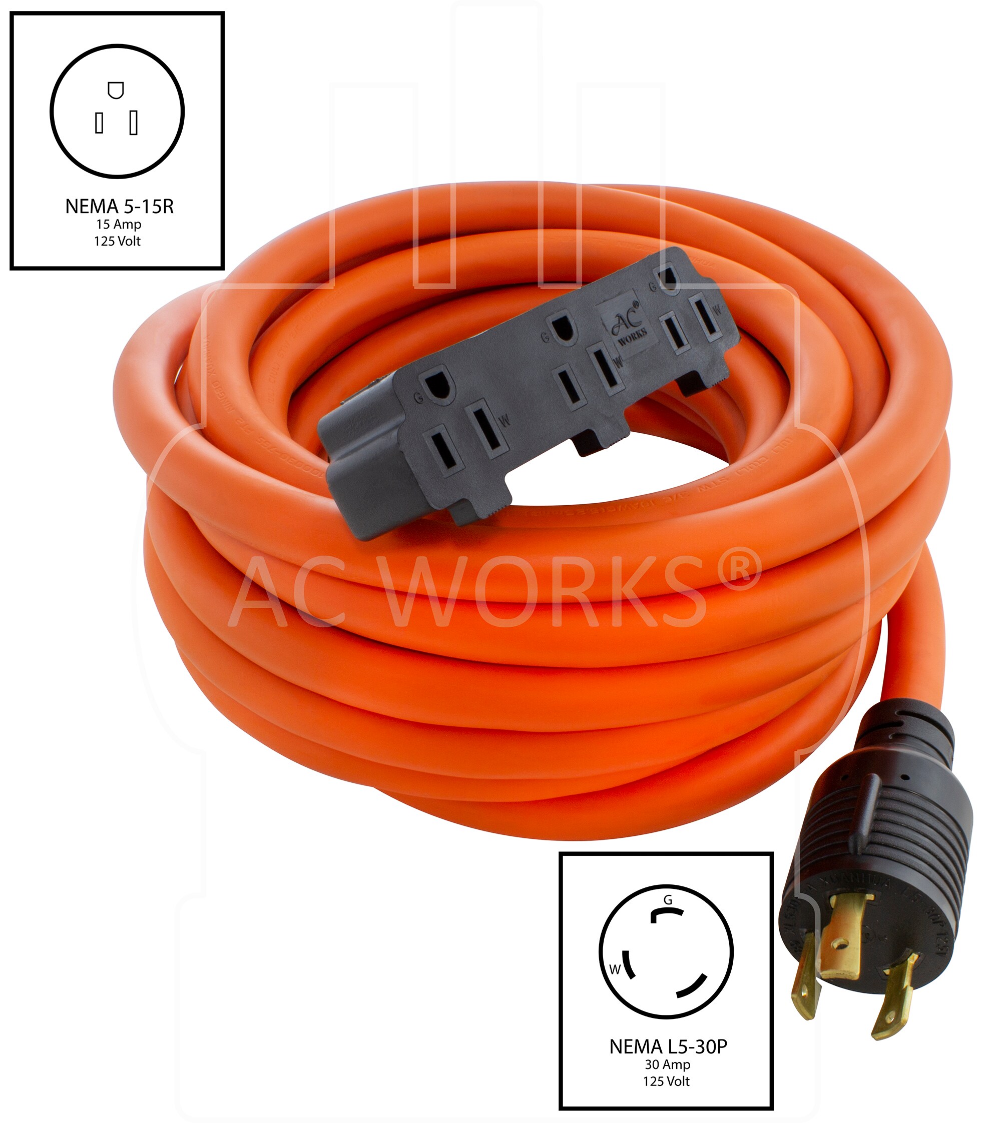 AC WORKS 30A L5-30P to Three 5-15R 25-ft 10 / 3-Prong Indoor/Outdoor Stw  Heavy Duty Locking Extension Cord in the Extension Cords department at