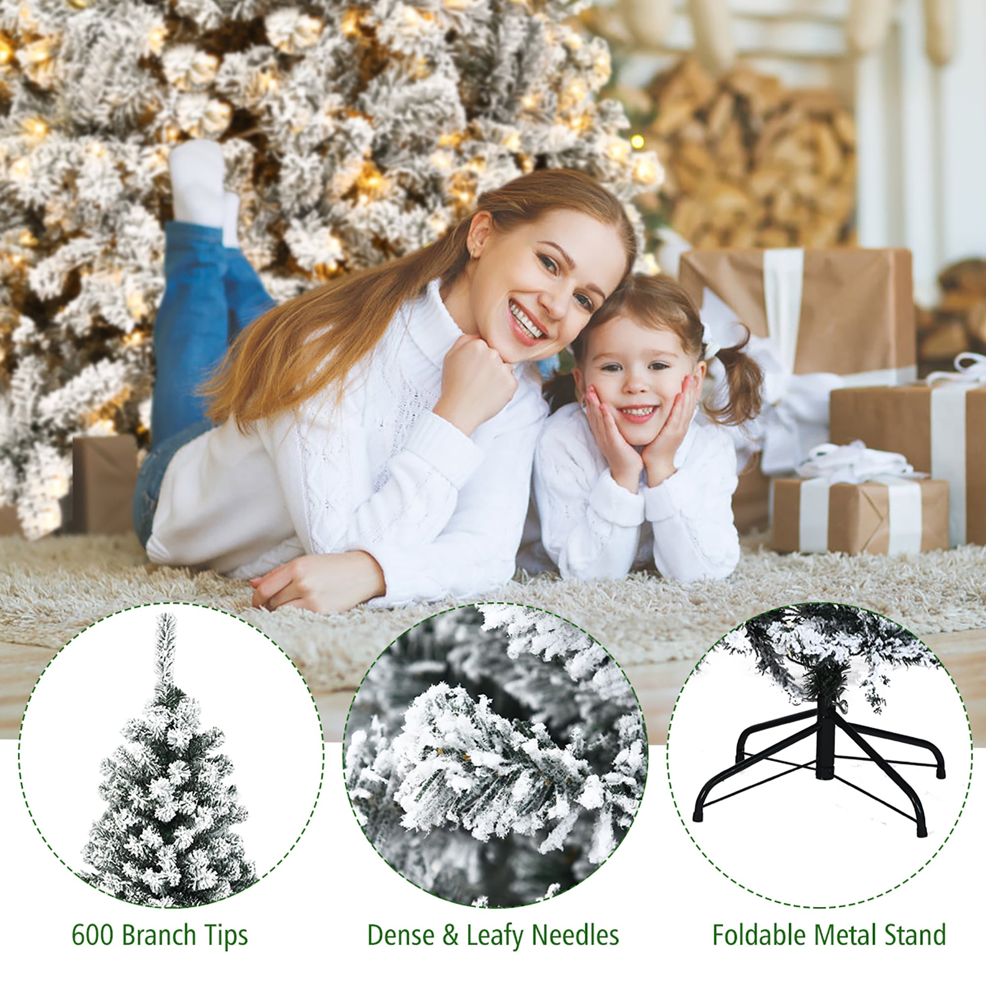 6FT Snow Flocked Pre-Lit Pine Christmas Tree with LED Lights