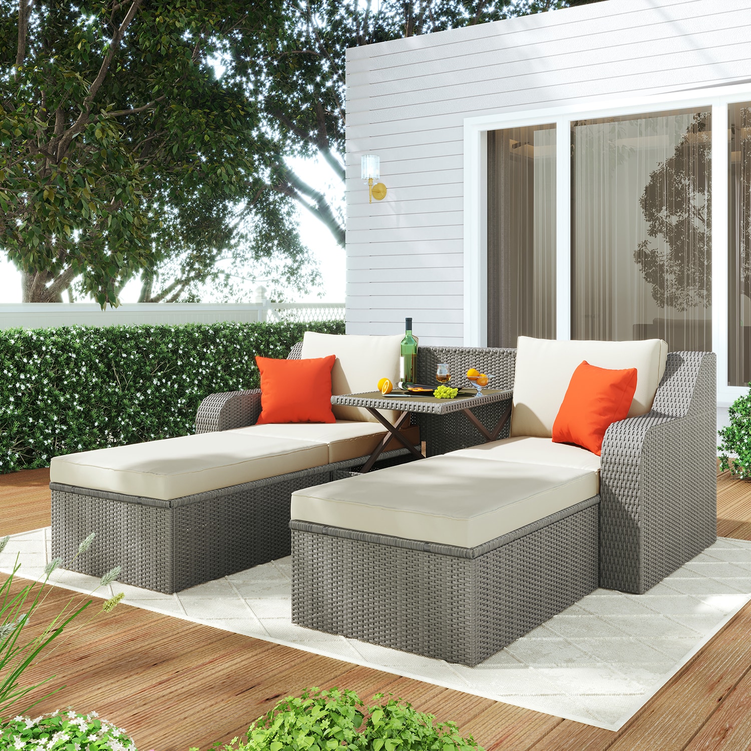 Bybafun 3-Piece Wicker Patio Conversation Set With Tan Cushions In The ...