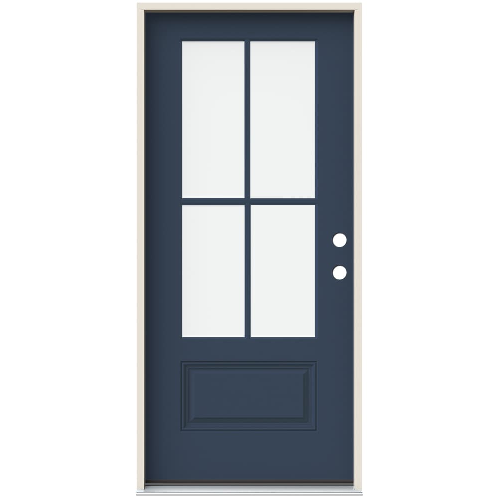 JELD-WEN LOWOLJW230900307 36-in x 80-in x 4-9/16-in Fiberglass 3/4 lite Left-hand inswing Revival Blue Painted Prehung Front Door with Brickmould Insulating core