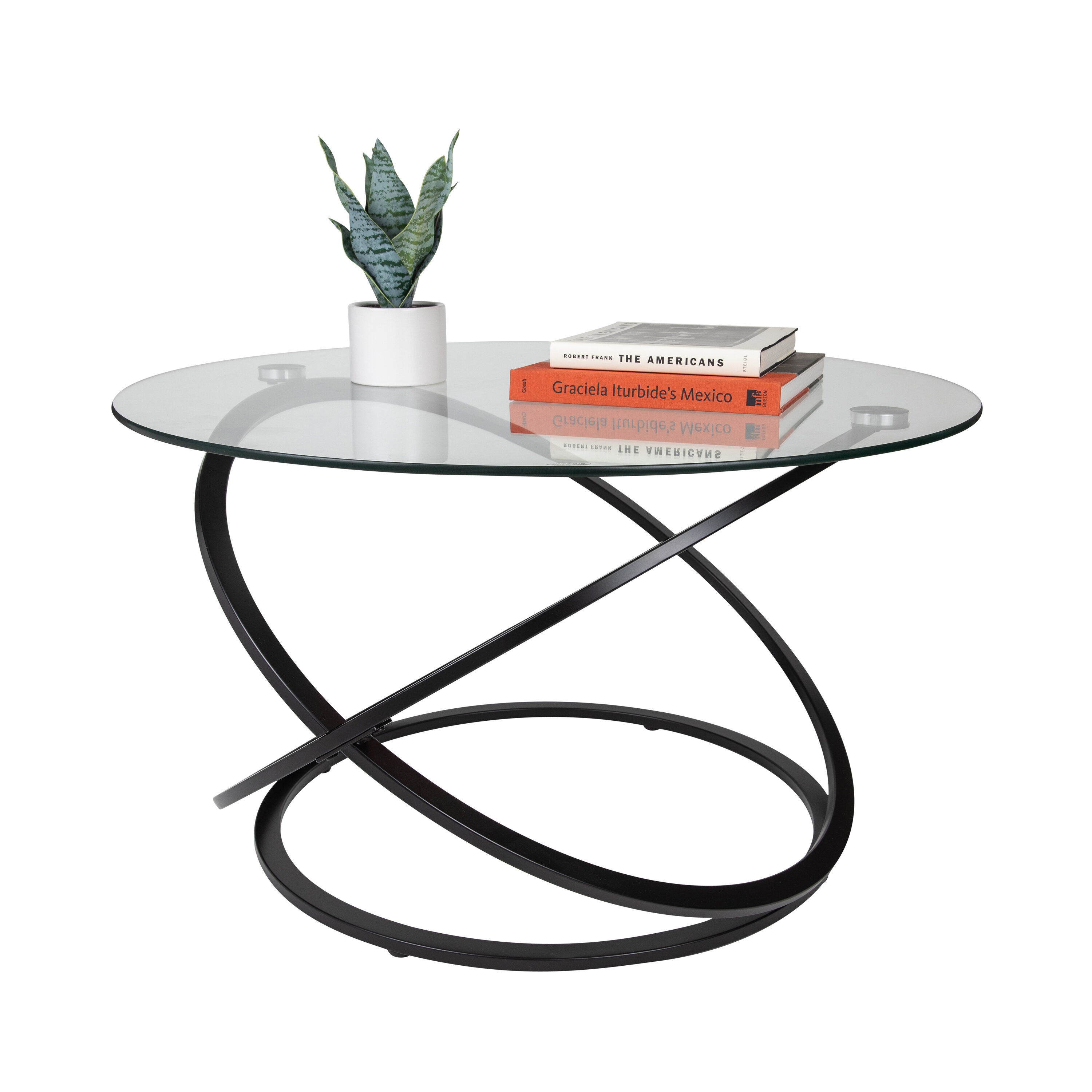 31.5" Round Clear Glass Coffee Table with Black Metal Base