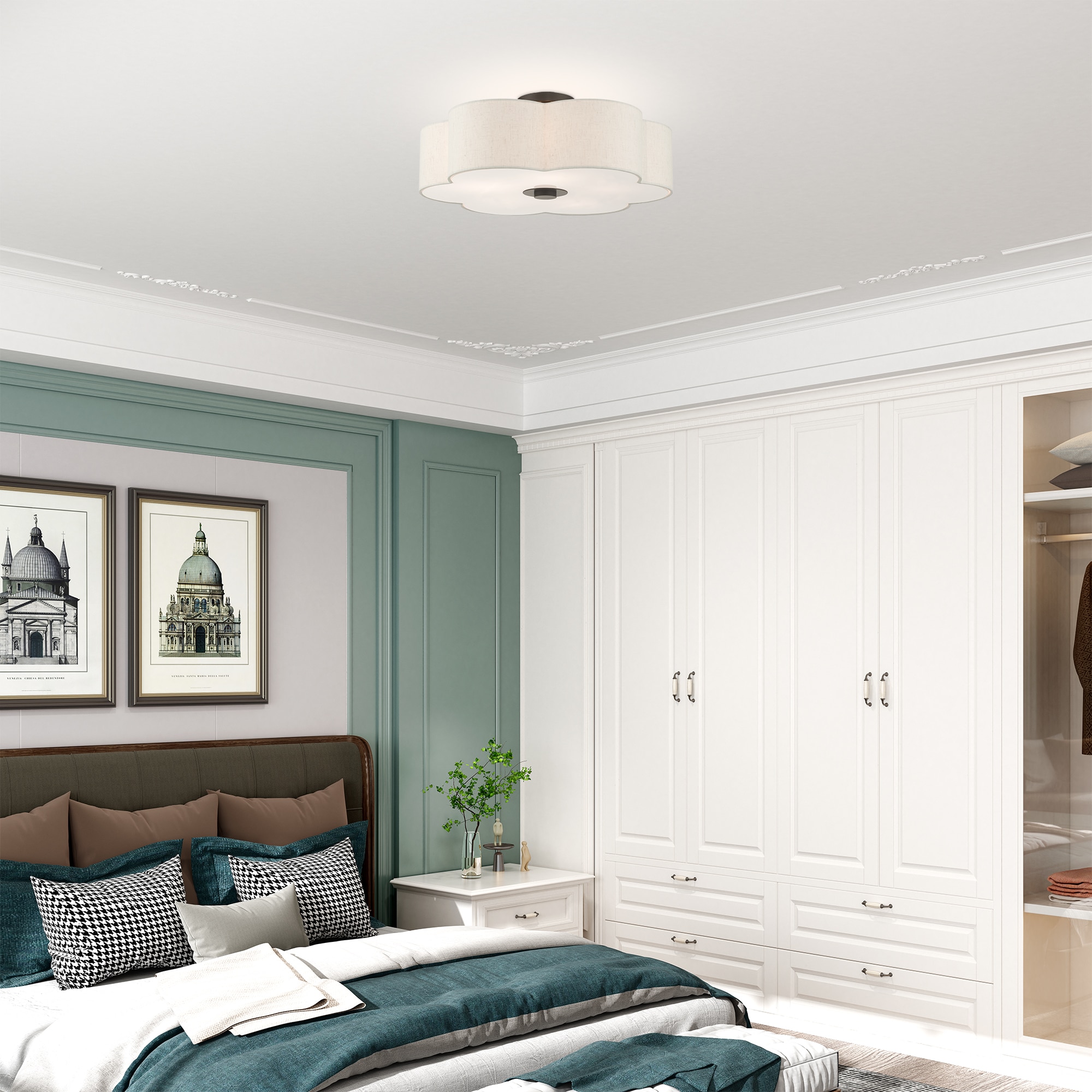 Solstice English Bronze 5-Light Semi-Flush Mount with Oatmeal Shade