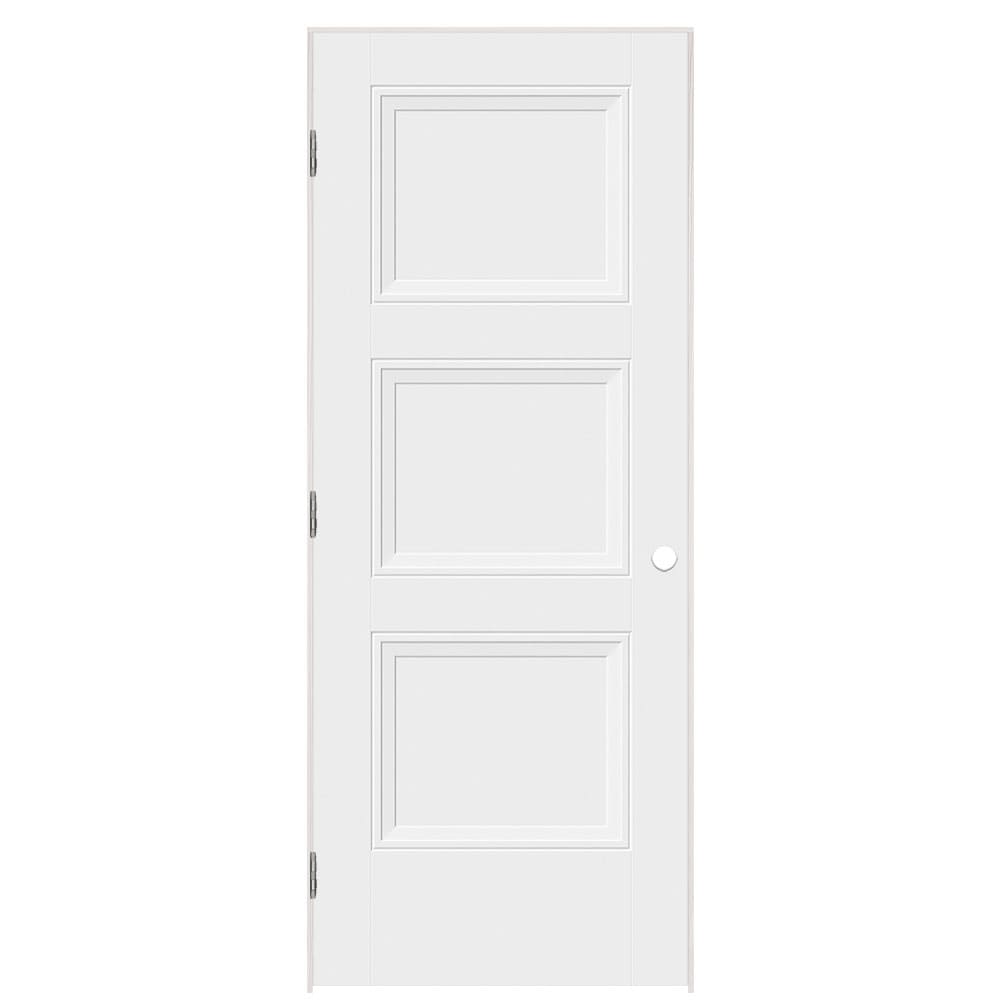 Masonite 1573218 32-in x 80-in Primed Solid core 3-panel square Right hand Smooth Primed Molded composite Flat Jamb Single Prehung Interior Door