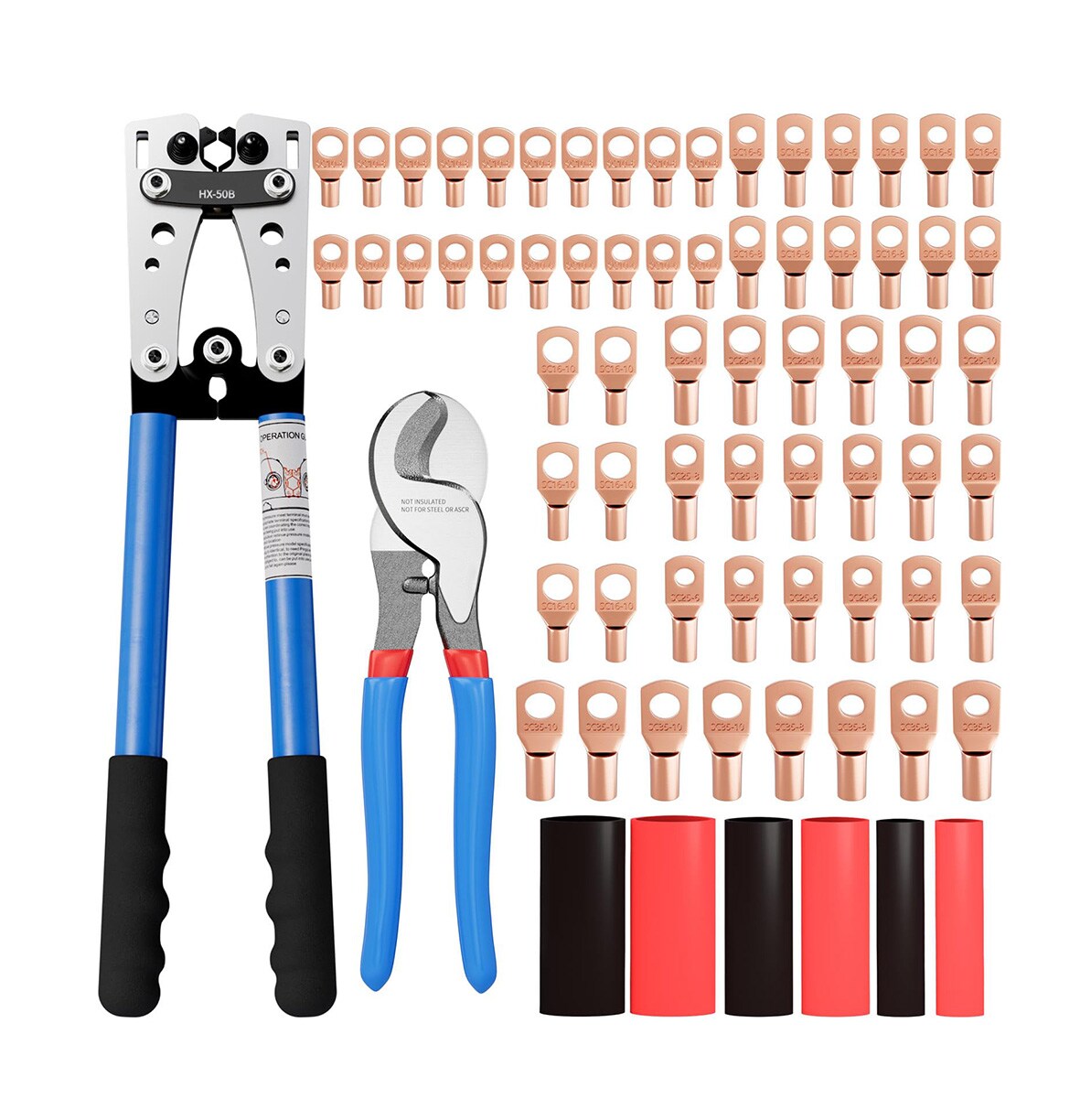 Etokfoks  Cable Lug Crimping Tool for AWG 10 1 0 with Cable Cutter 64 Ring Terminals and 70 Heat Shrink Tubes