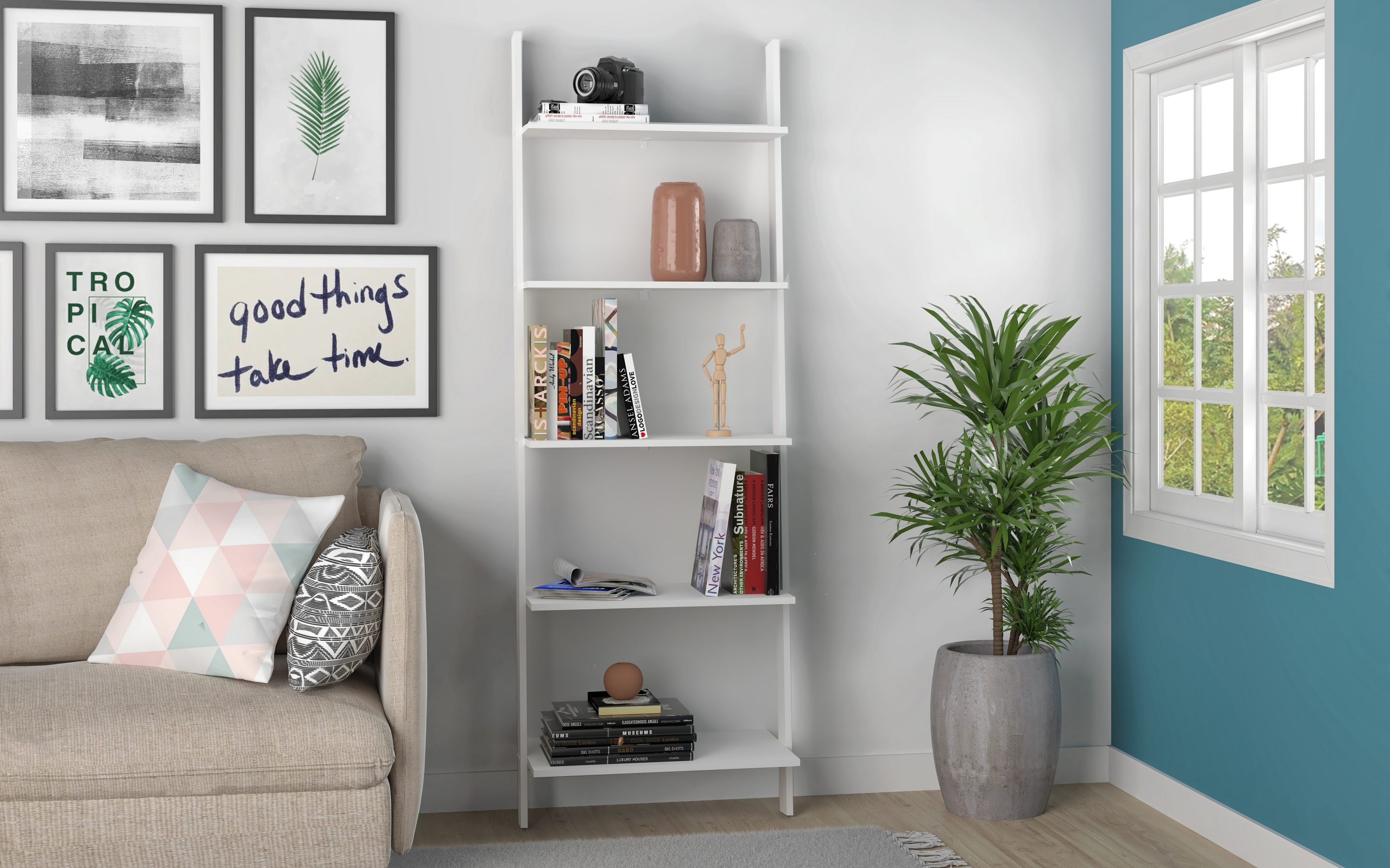 Manhattan Comfort 192AMC6 Cooper White Composite 5 -Shelf Ladder Bookcase ( 24.8-Inches W x 72.04-Inches H x 14.96-Inches D ) White