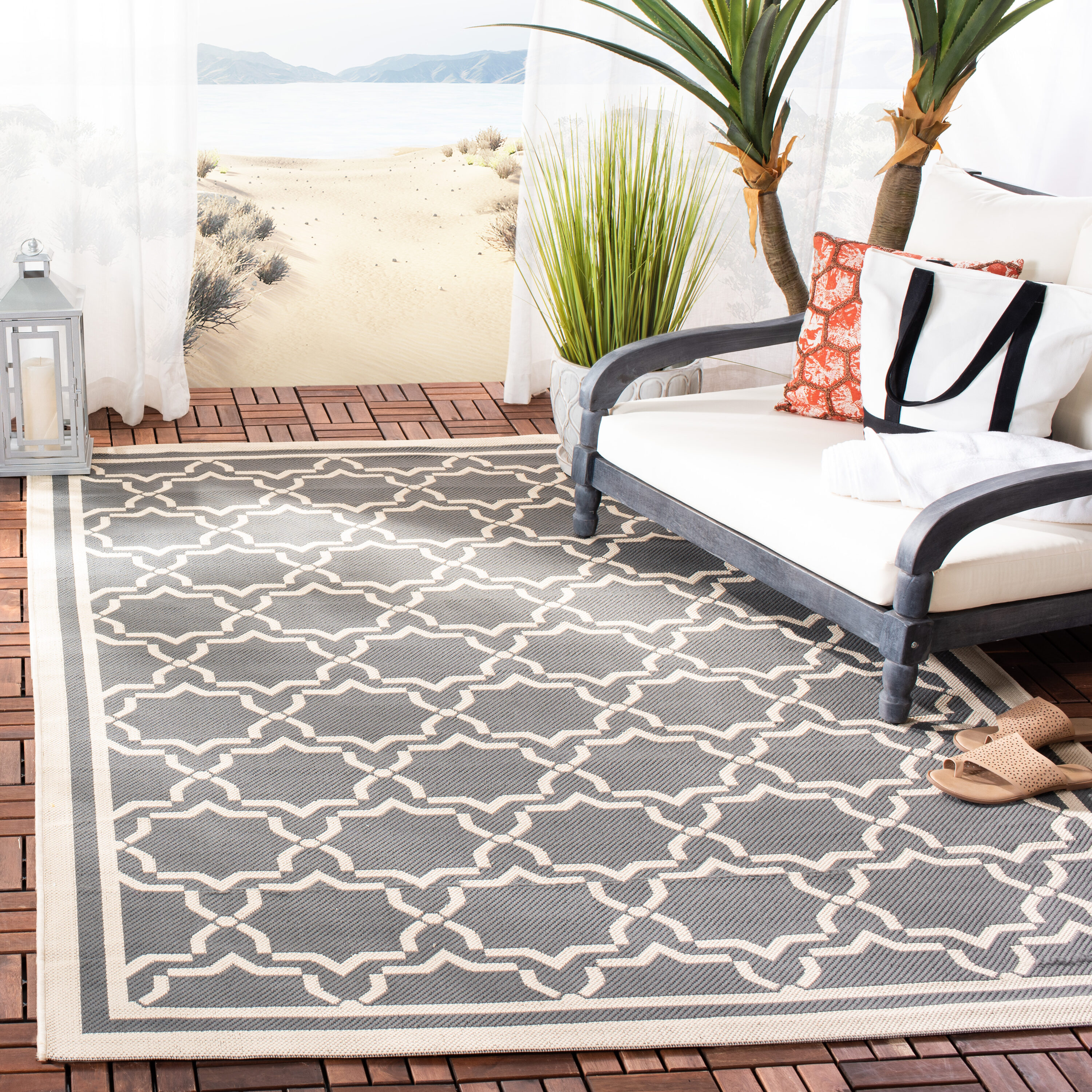 Safavieh CY6916-246-5SQ Courtyard Hana 5 x 5 (ft) Loomed Polypropylene Anthracite/Beige Square Indoor/Outdoor Geometric Coastal Area rug