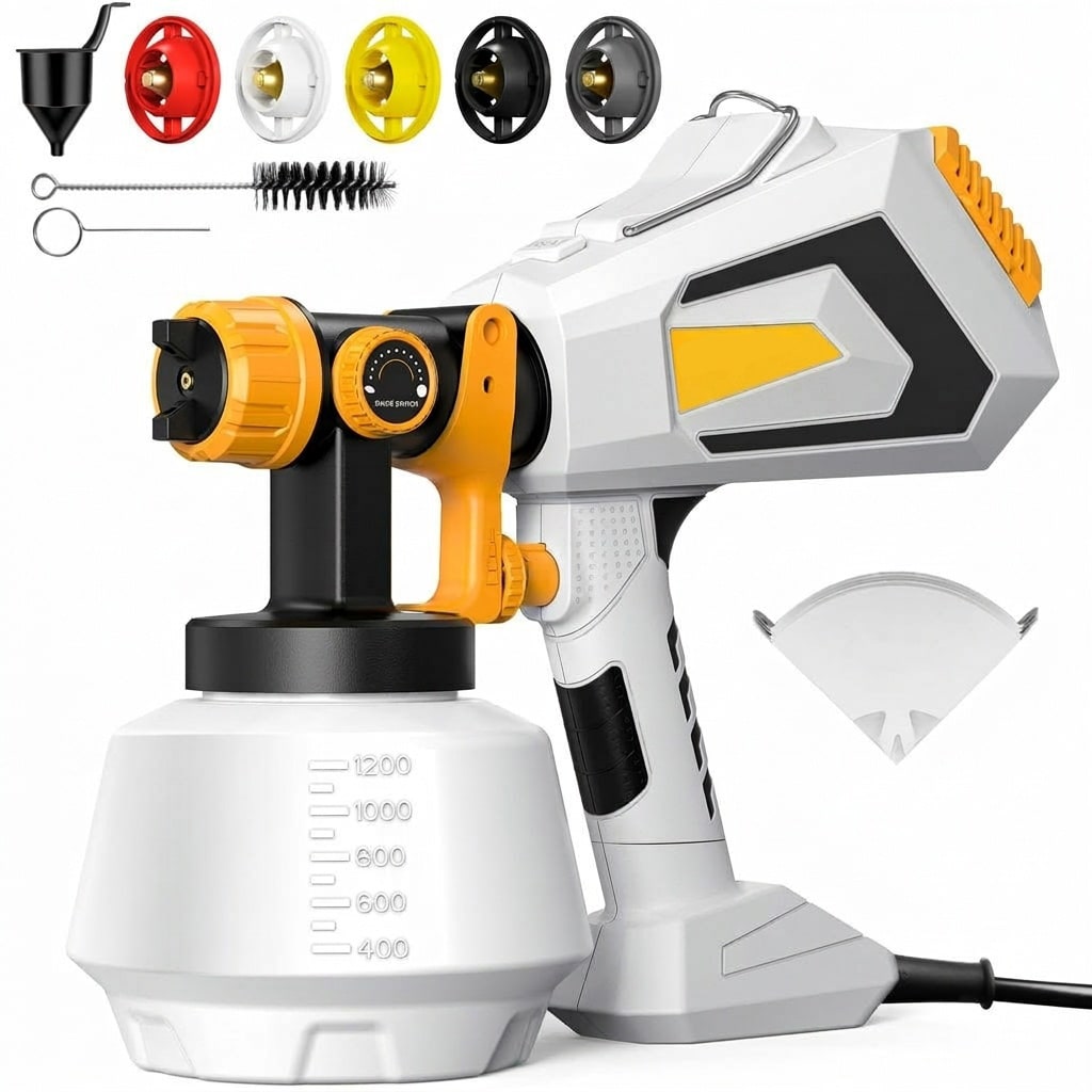 Misopily  1 Piece 700W HVLP Electric Paint Sprayer with 1200ml Container 5 Brass Nozzles 3 Spray Patterns Adjustable Flow for Furniture Walls Doors