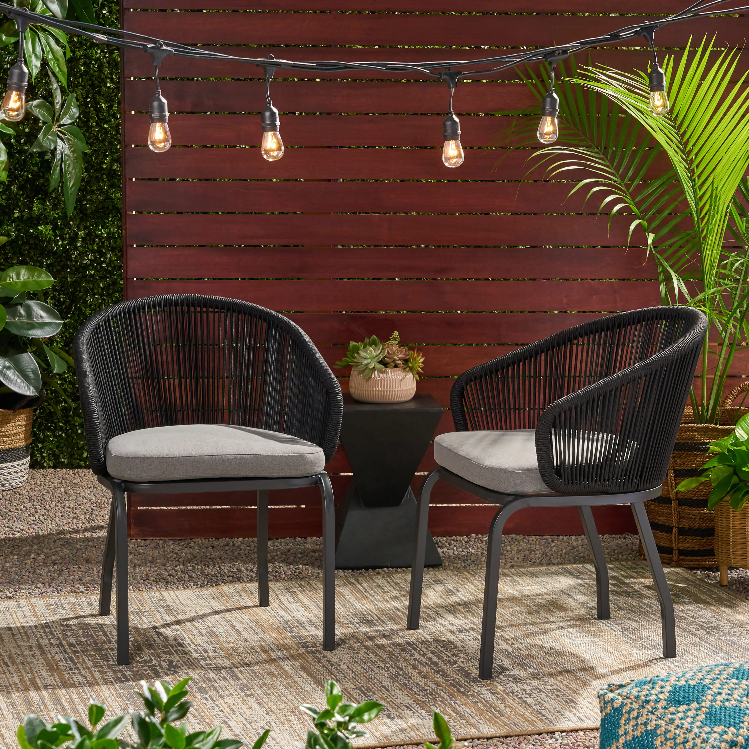 Moda Furnishings MD65762-BLK Classic Set of 2 Woven Black Metal Frame Stationary Conversation Chair with Gray Cushioned Seat