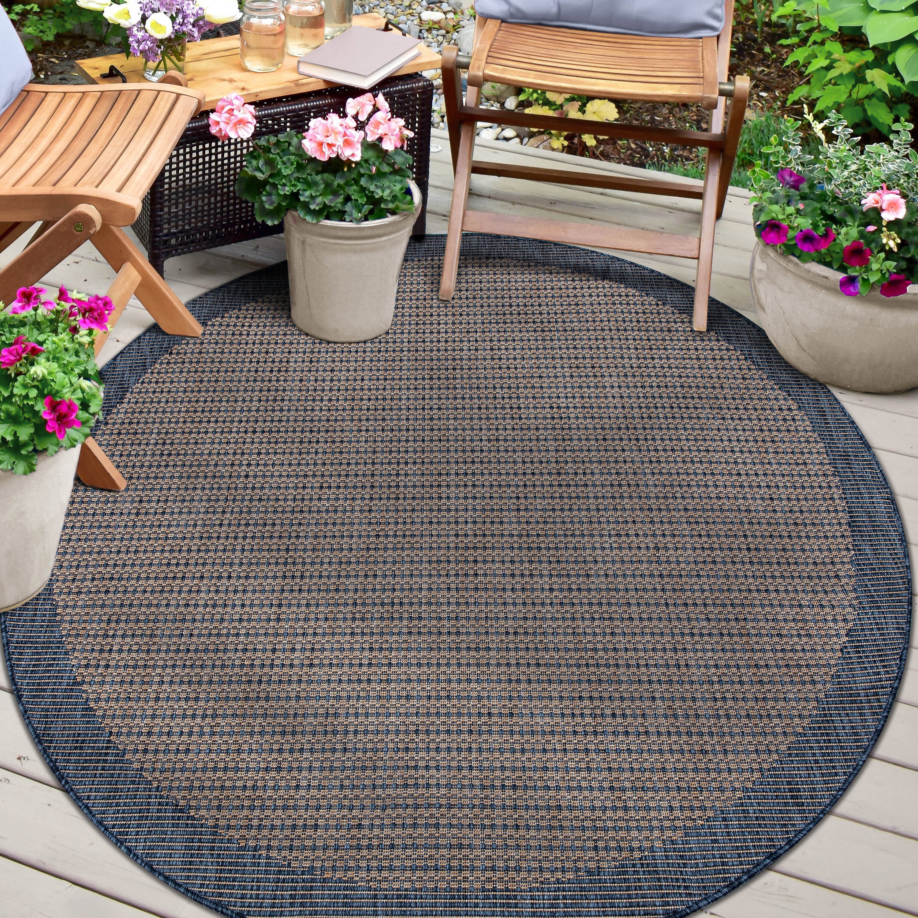 Well Woven MED-34-4R 4 x 4 (ft) Flatweave Polypropylene Blue Round Indoor/Outdoor Stripe Mid-Century Modern Area rug