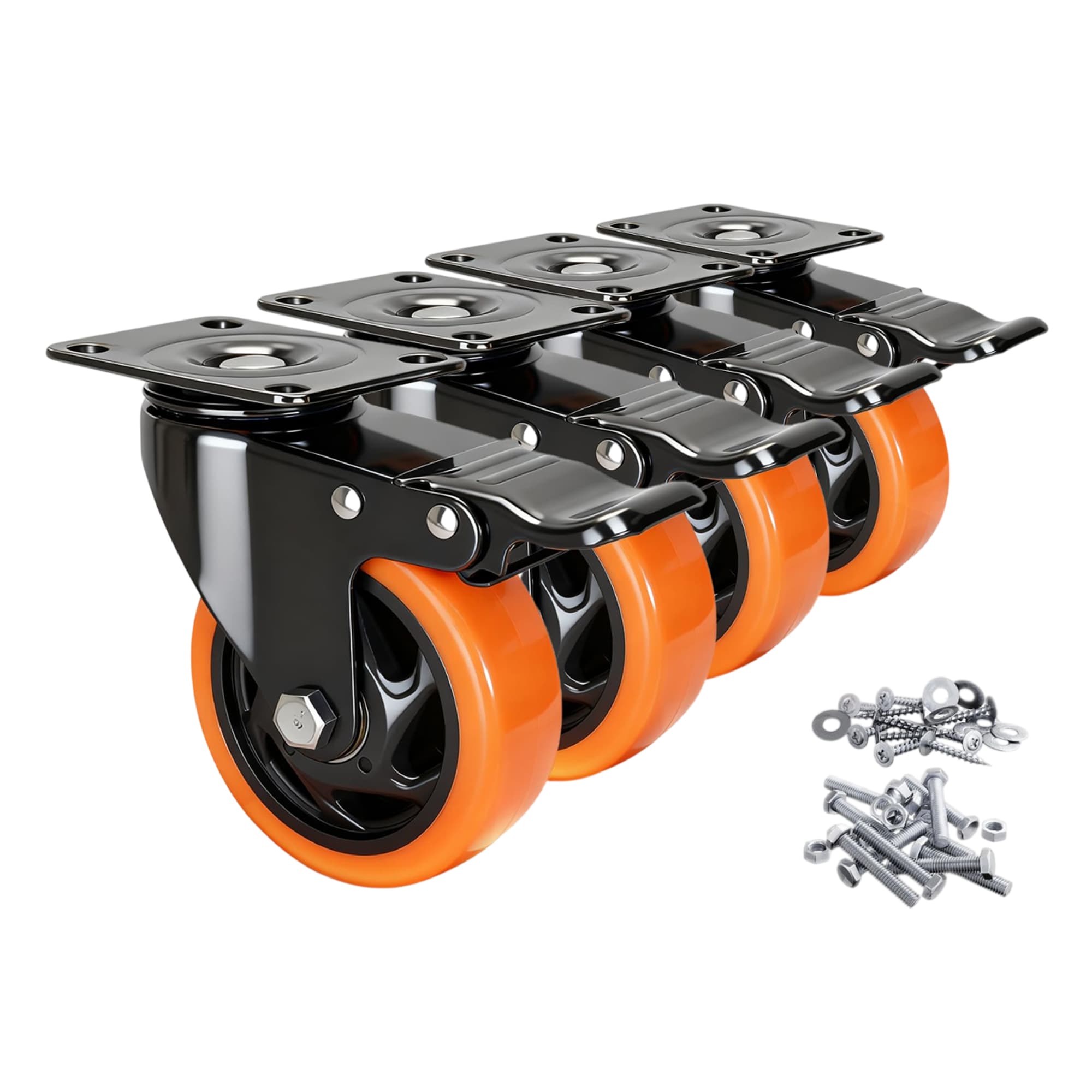 Etokfoks  4 Pack 4 Inch Swivel Dual Locking PU Heavy Duty Caster Wheels Steel Quiet Floor Safe Smooth Rolling 2400 lb Capacity