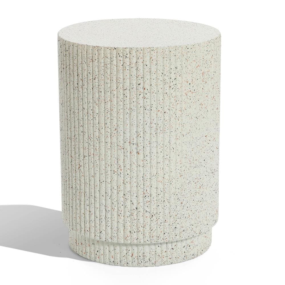 Ivory White Cement Round Outdoor Side Table with Gray Flecks