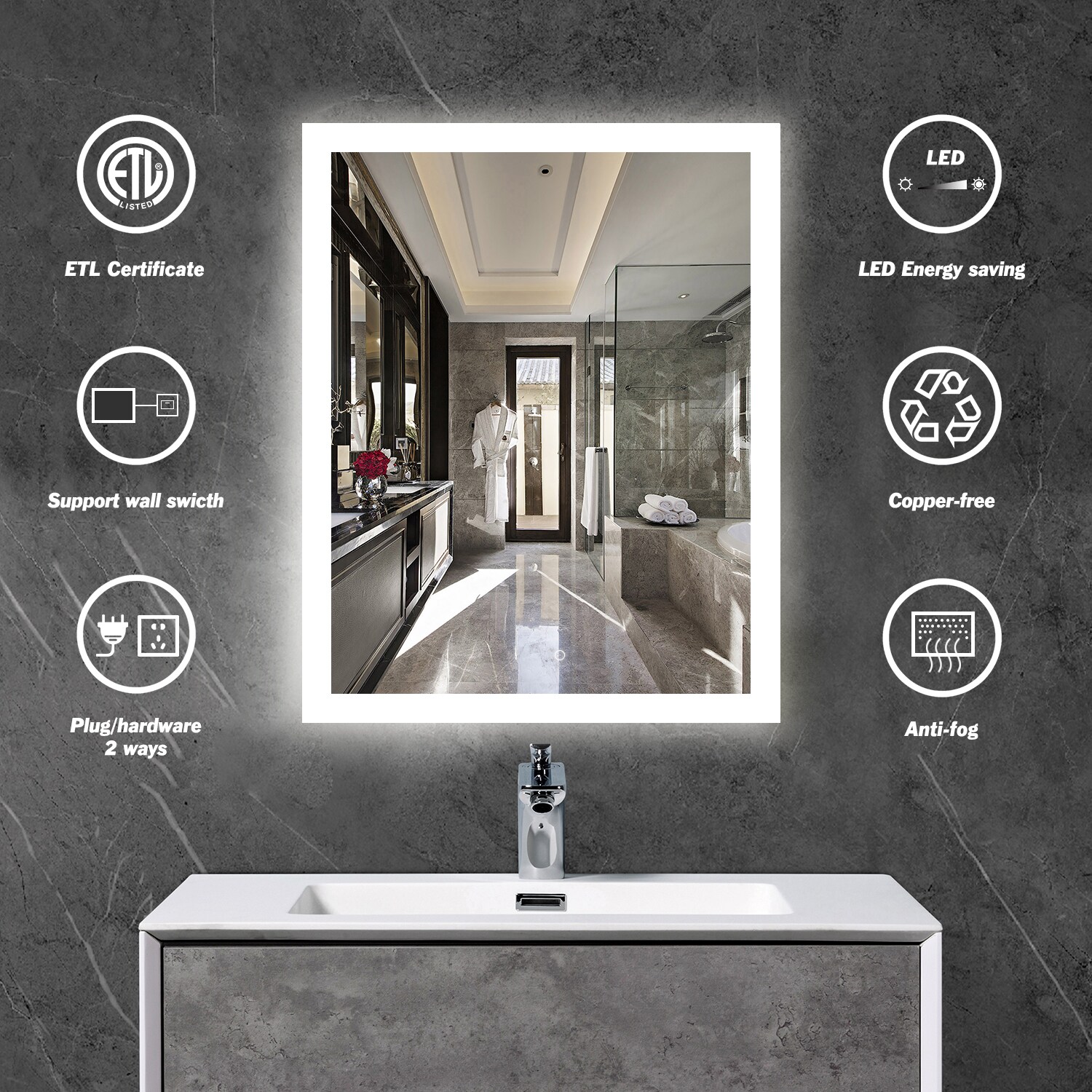 HomLux HOMLUX LED Bathroom Mirror 24-in x 30-in Frameless Dimmable ...