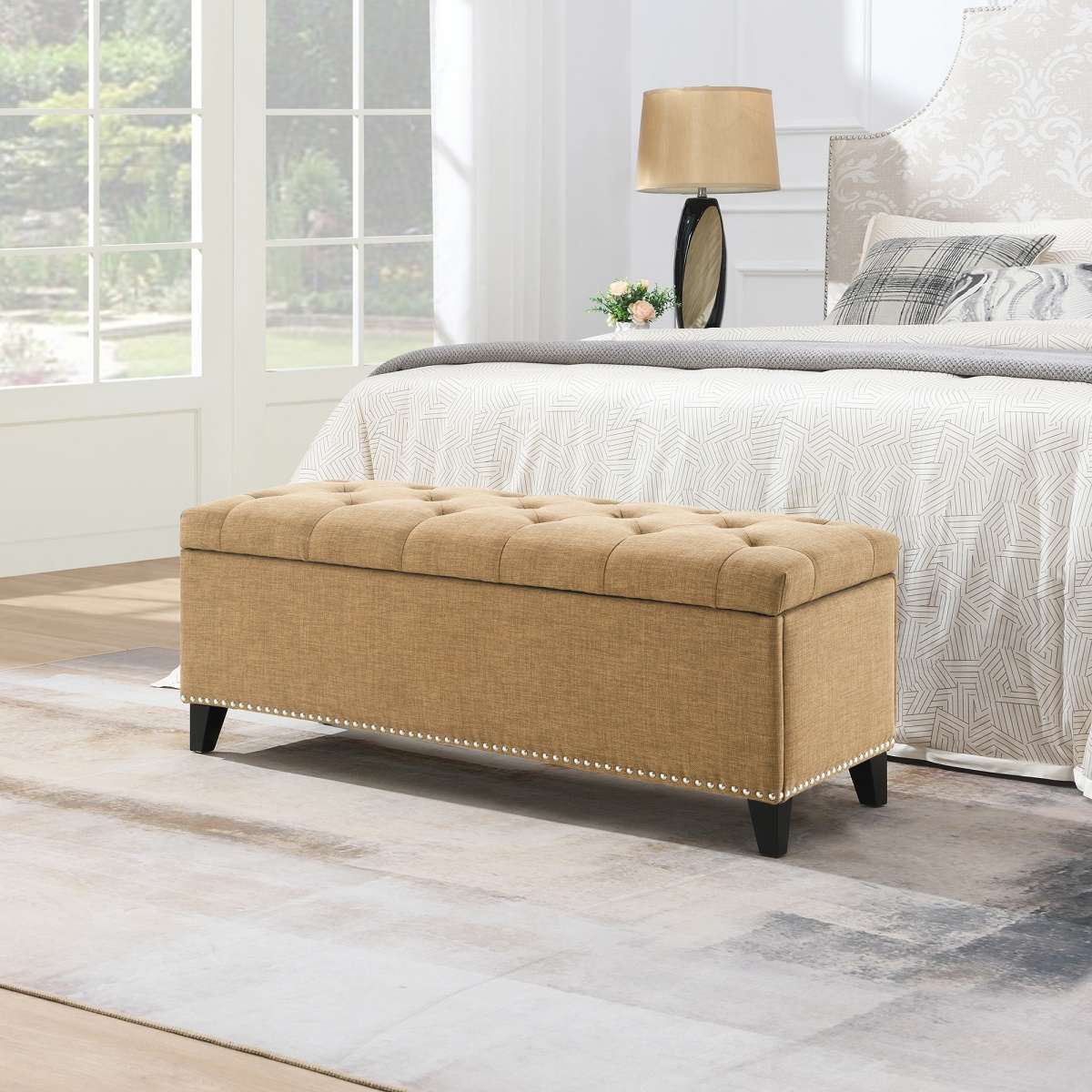 Maison Boucle Modern 47.5-in Brown Linen Tufted Flip Top Storage Bench with Nailhead Trim