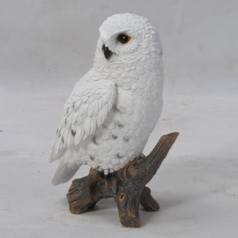 White Polyresin Snowy Owl on Brown Stump Garden Statue