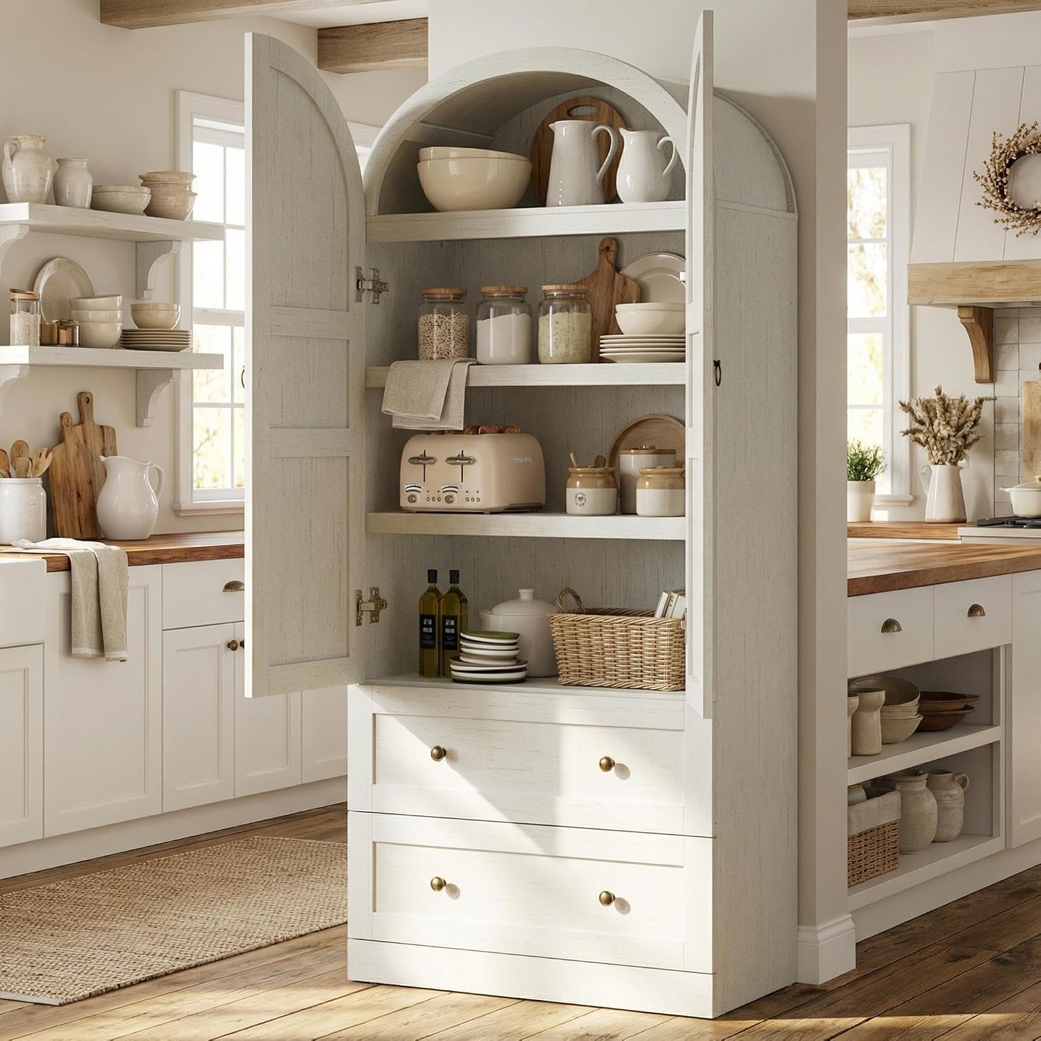 GAOMON 72 In Arched Kitchen Pantry Cabinet with 2 Drawers Farmhouse Storage Cabinet with Doors and Shelves White