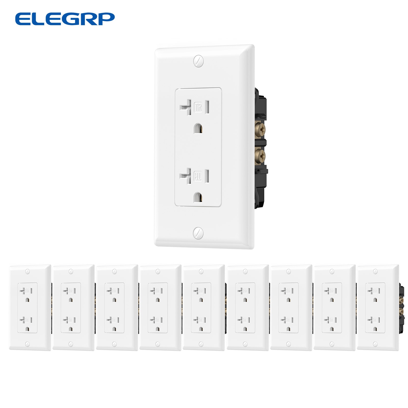 ELEGRP Commercial Grade Duplex Receptacle 2 Pole 3 Wire Grounding Tamper Resistant 20A 125V NEMA 5 20R White 10 Pack #ERG012C-0110WP