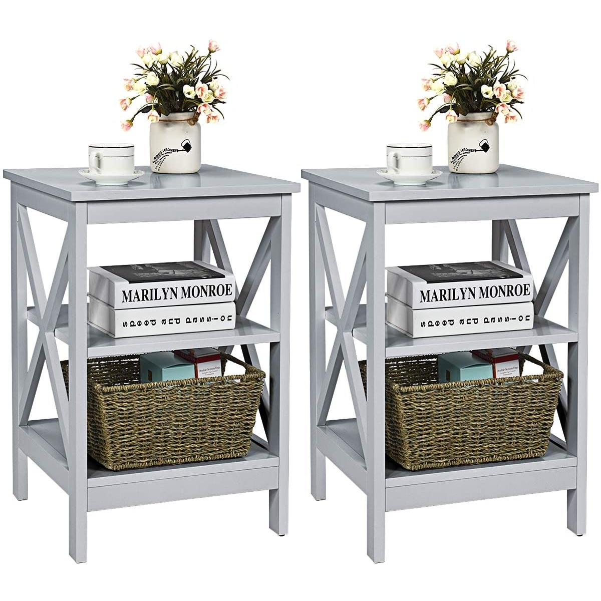 Slickblue D-CO-2-RG88656WH Set of 2- Gray MDF Nightstand with 3 Tier Storage and X Side Panels for Bedroom Living Room or Office