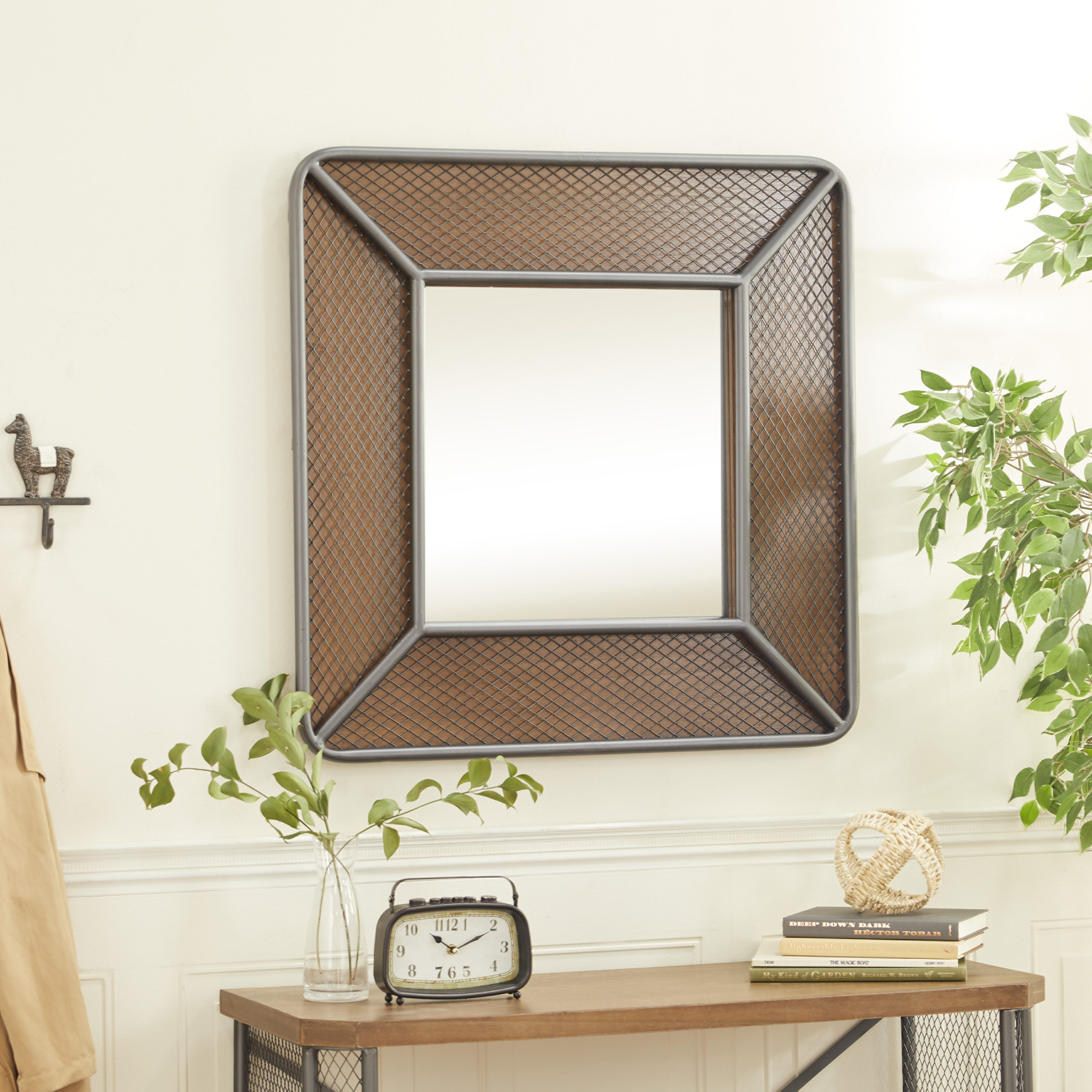 Handcrafted Solid Wood Square 32" Industrial Wall Mirror, Brown