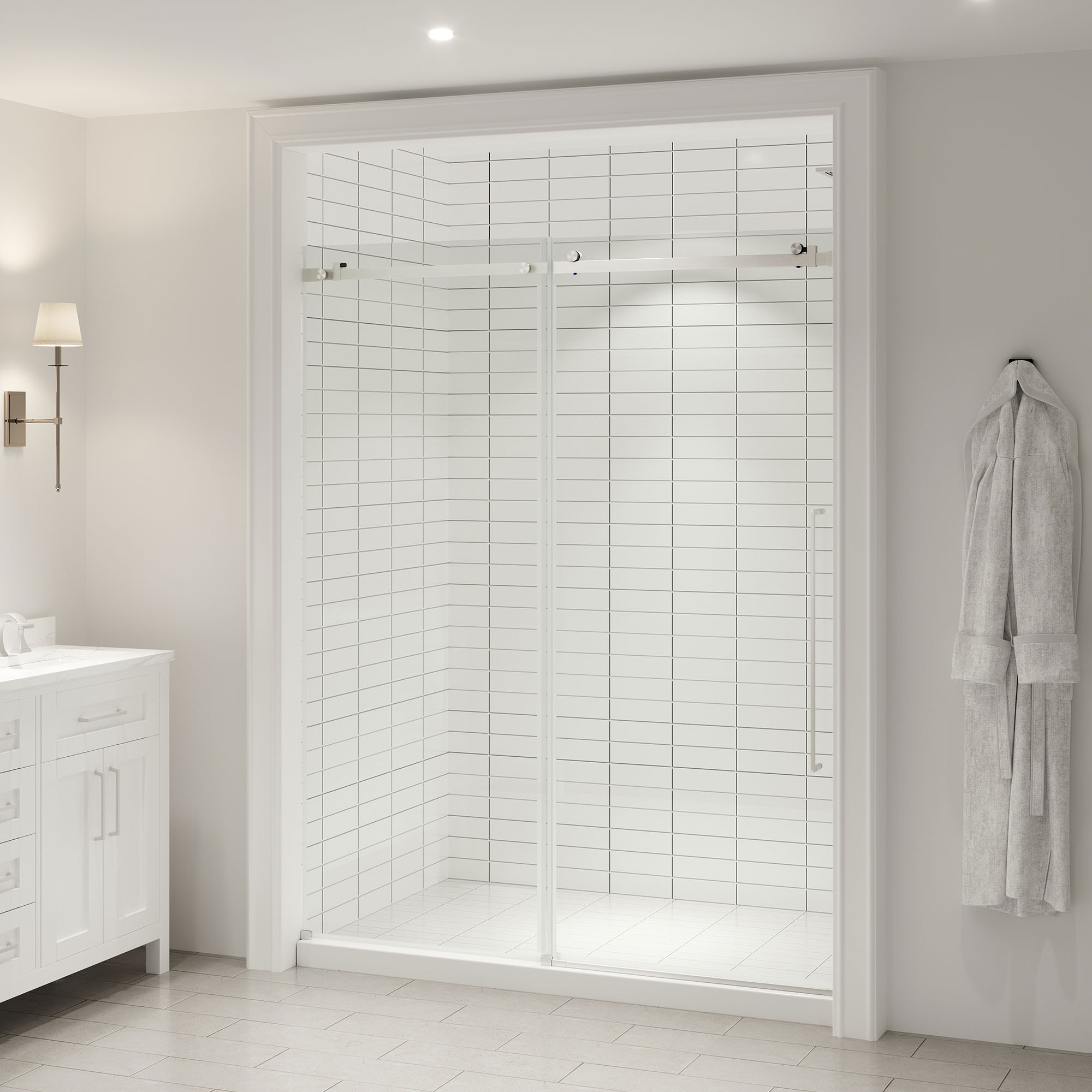 OVE Decors 15SGP-SELB60-SAT Selby Satin Nickel 59-3/16-in to 60-in W x 74.02-in H Frameless Clear Glass Sliding Shower door
