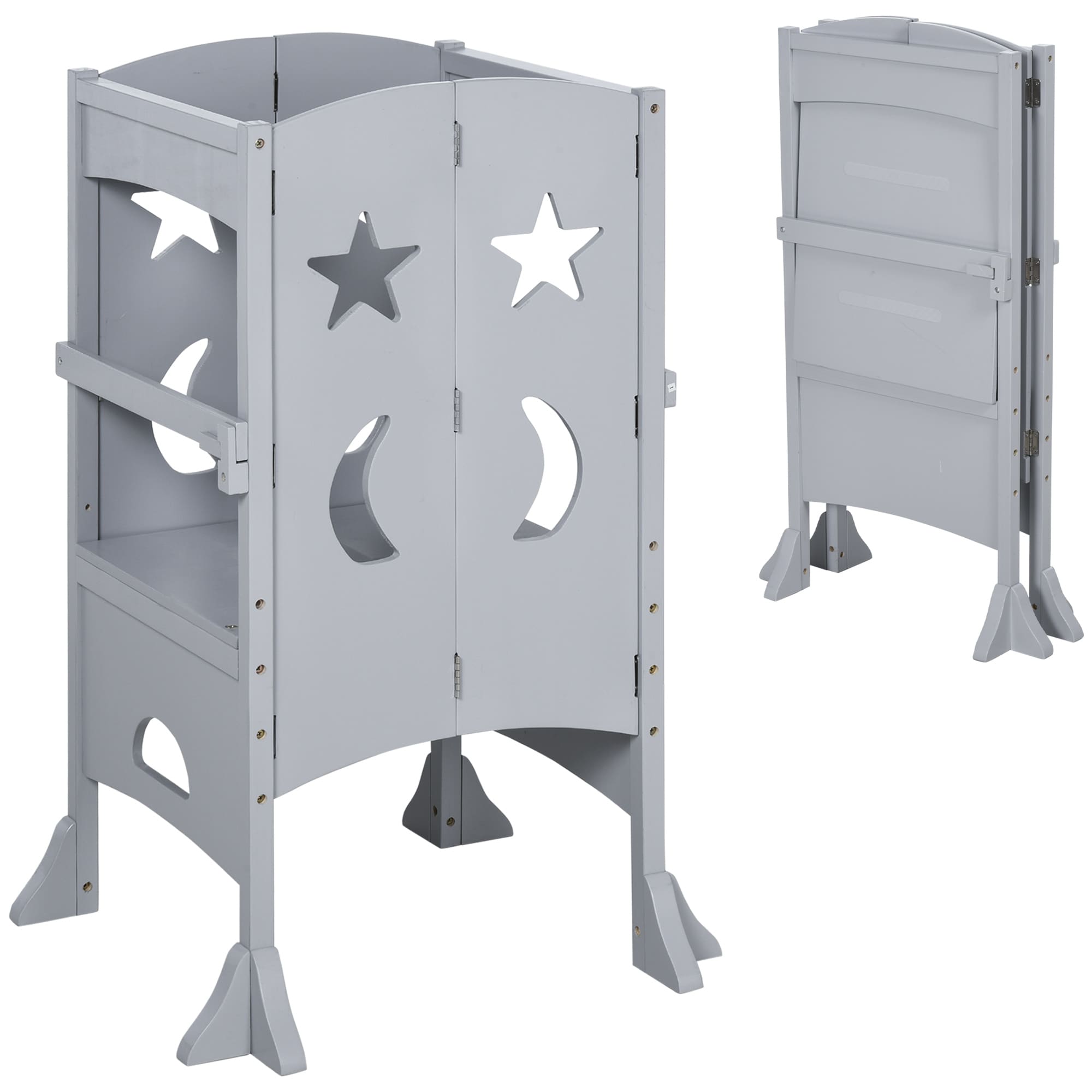 LOVMOR SF-M-W2225P200690 Wooden Kitchen Step Stool for Kids Foldable Toddler Tower Helper Stool for Kitchen Counter with Support Handles Safety Rail Gray