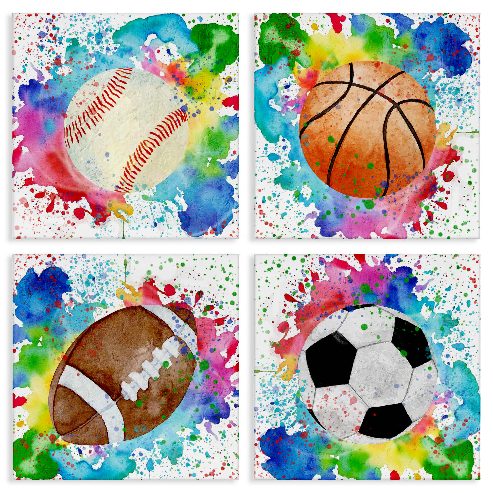 Stupell Industries A4-253-CN-4PC-17X17 Rainbow Splatter Baseball 4pc Canvas Set design by Kim Allen