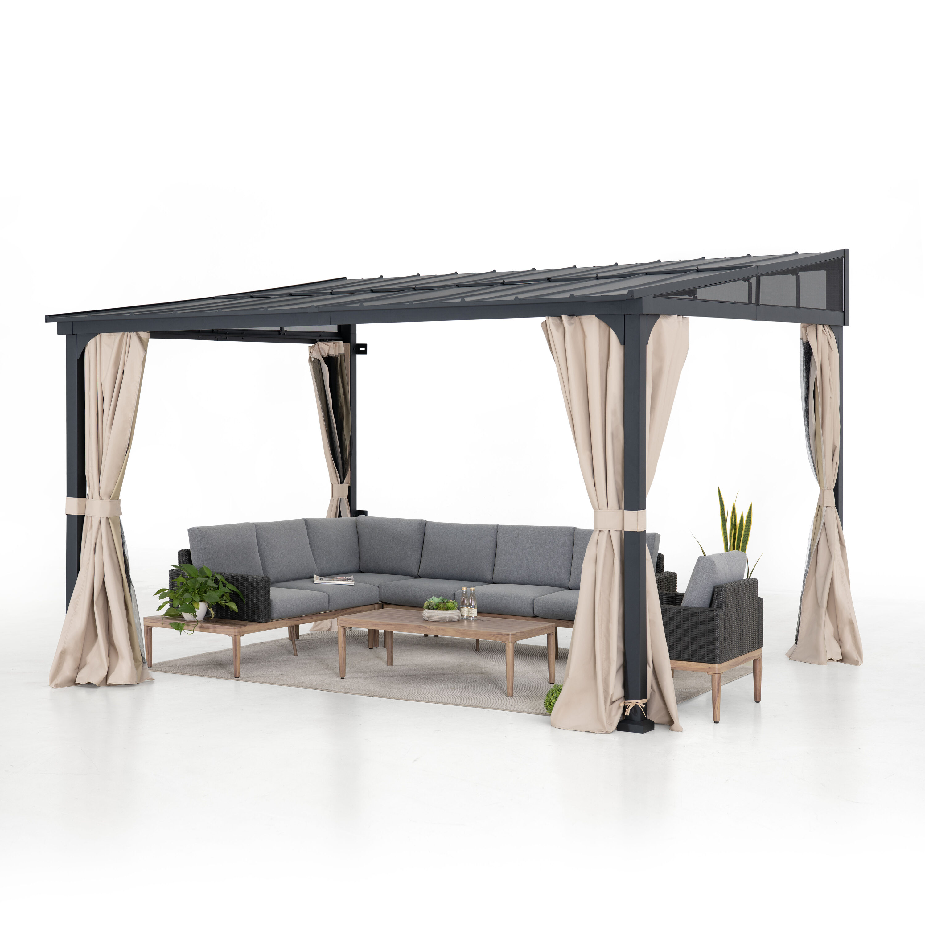 Large Black Wall-Mounted Gazebo with Curtains and Netting