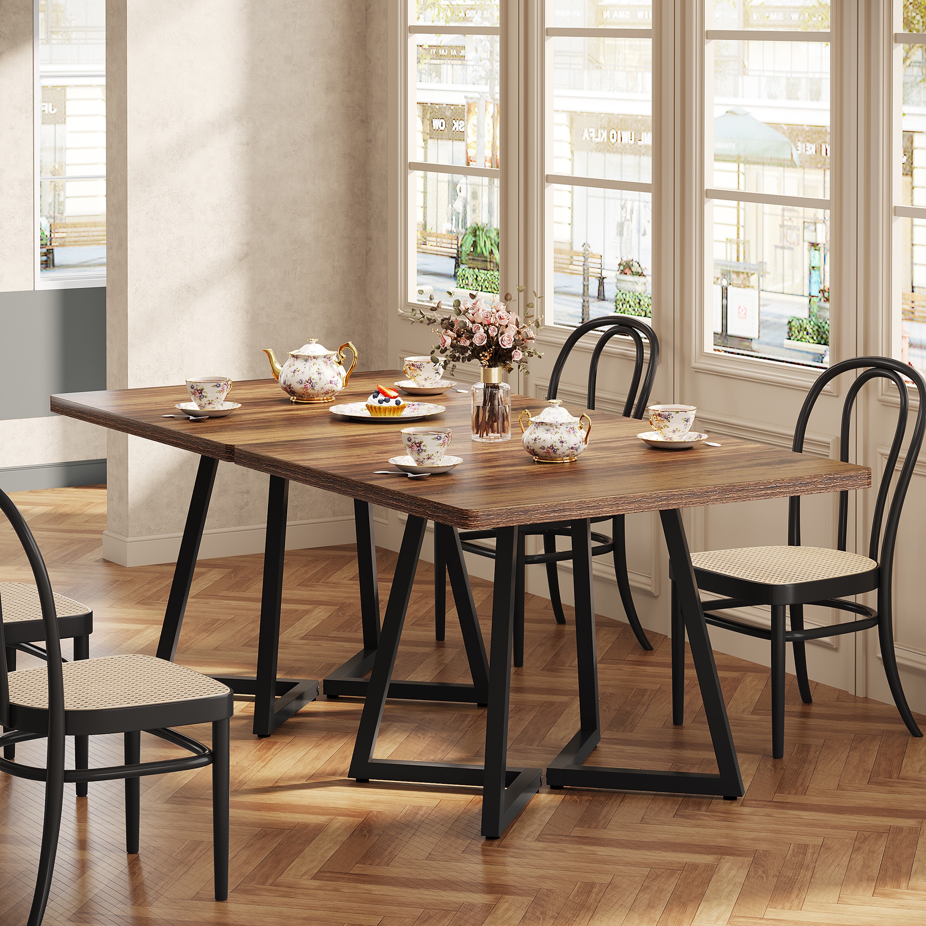 Fnova LWTJ-J0280 Rustic Brown Farmhouse Dining Table, MDF with Powder Coated Metal 31.5-in L x 29.5-in H