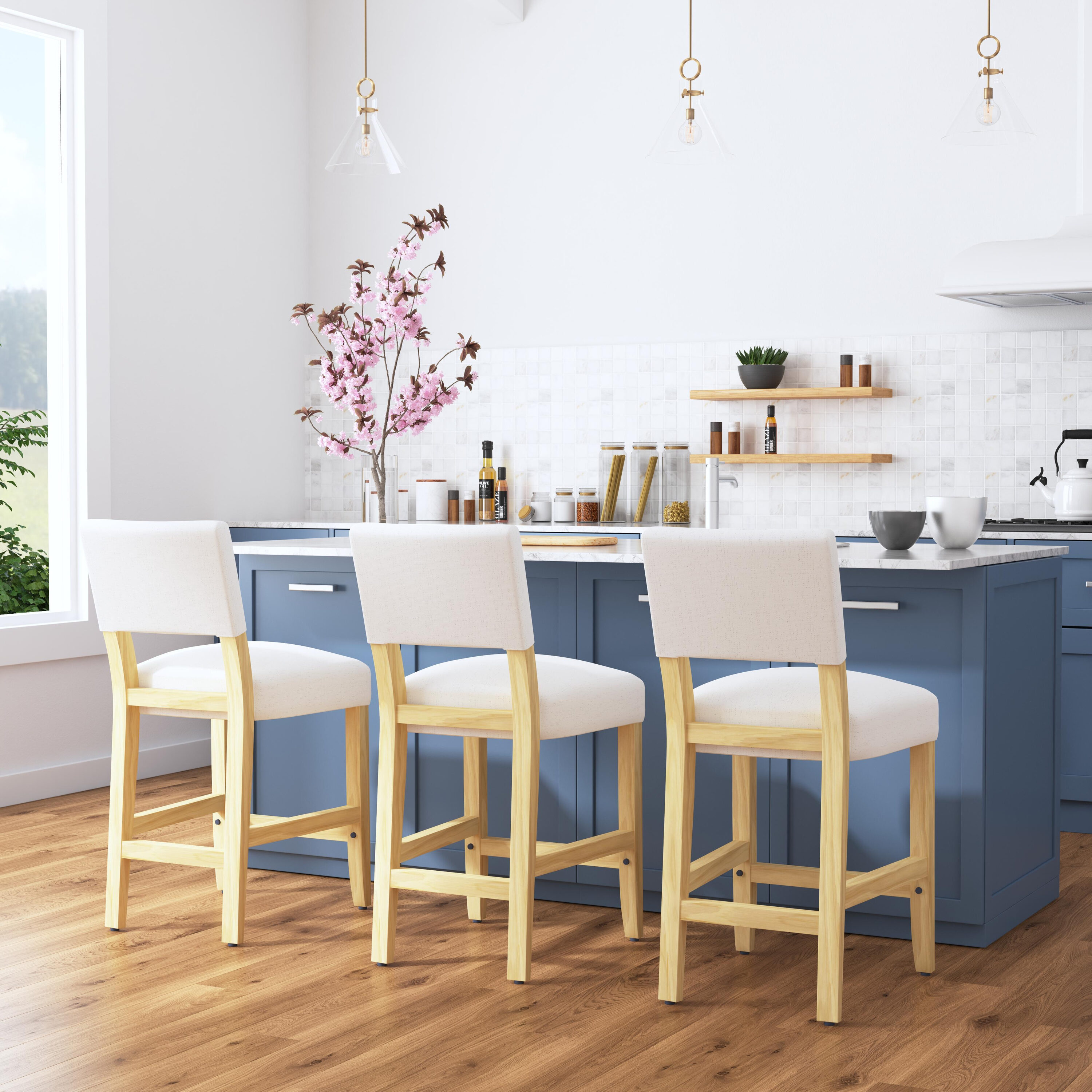 HomePop K8164.24-F2351 1 Barstool Open-Back Stain-Resistant White Woven 25.6-in H Counter height Square seat Upholstered Wood Bar Stool and Back