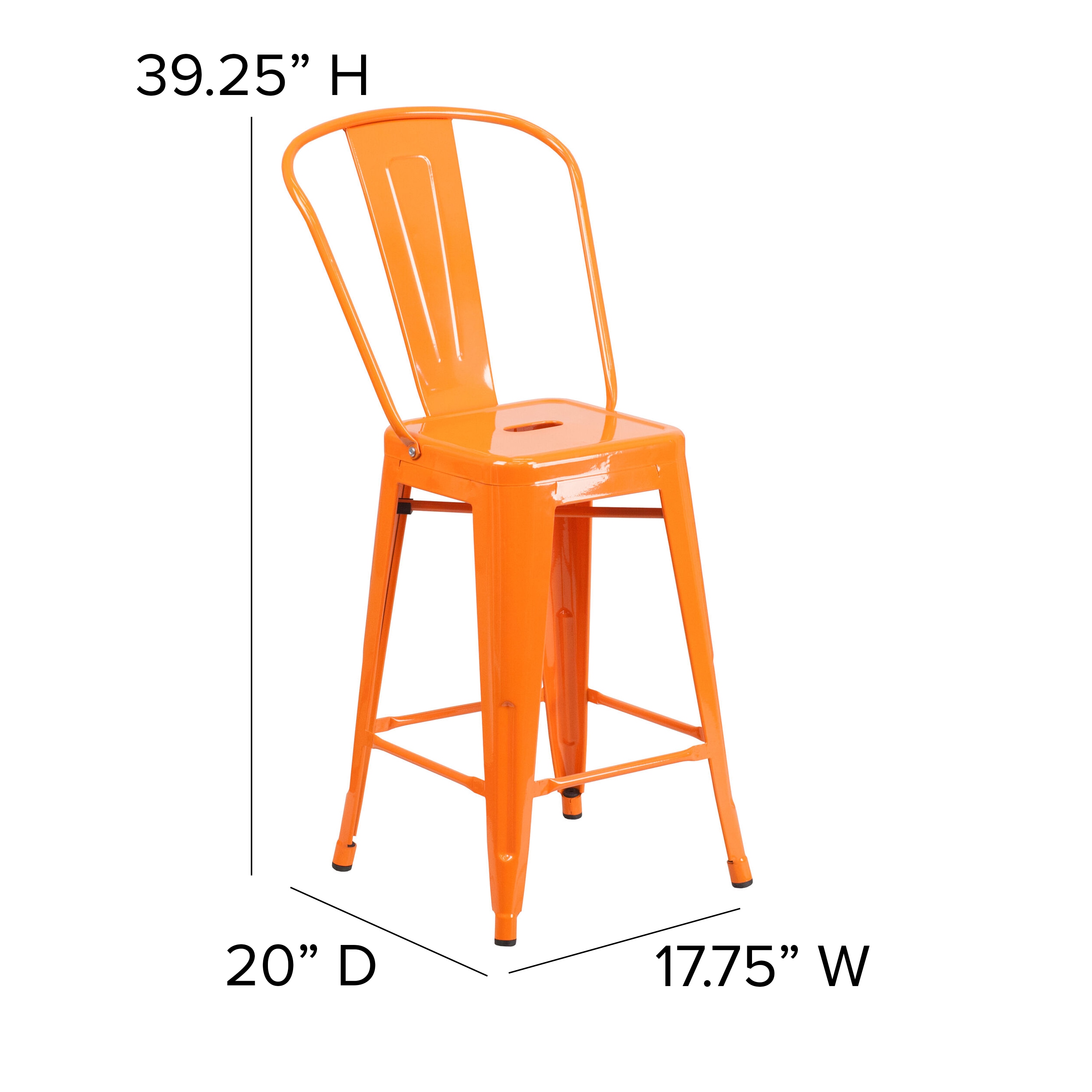 24" Orange Metal Indoor-Outdoor Counter Height Stool with Back